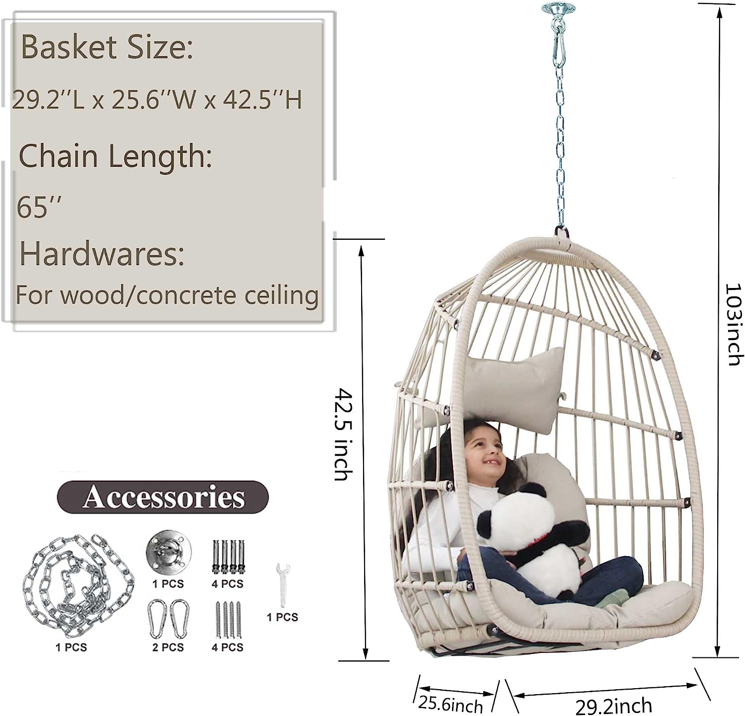 Indoor Outdoor Patio Wicker Hanging Chair Swing Egg Basket Chairs with Stand UV Resistant Cushions 350lbs Capaticy for Patio Backyard Balcony Xmas Gift