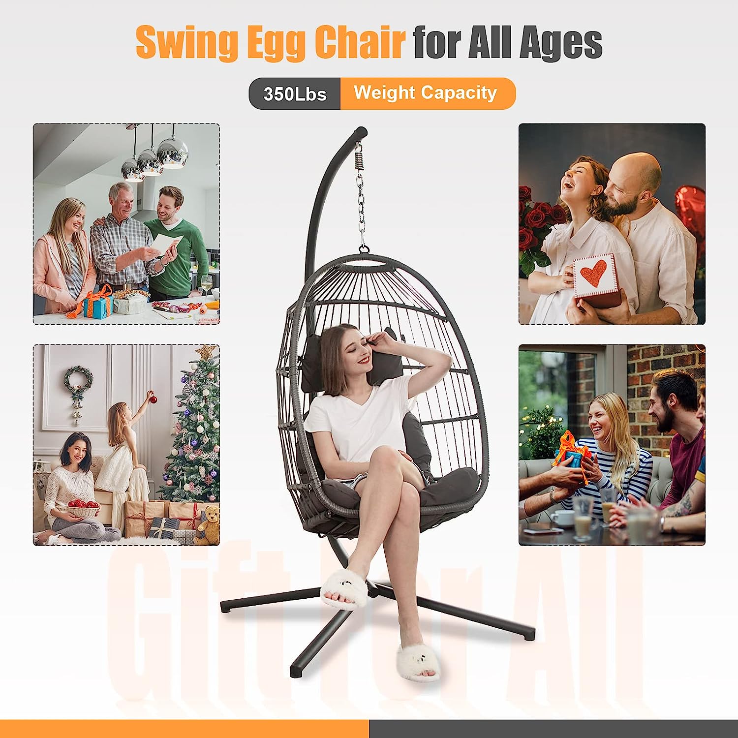 Swing Egg Chair with Stand Indoor Outdoor Wicker Rattan Patio Basket Hanging Chair with UV Resistant Cushions 350lbs Capaticy for Bedroom Balcony Patio (Cream)