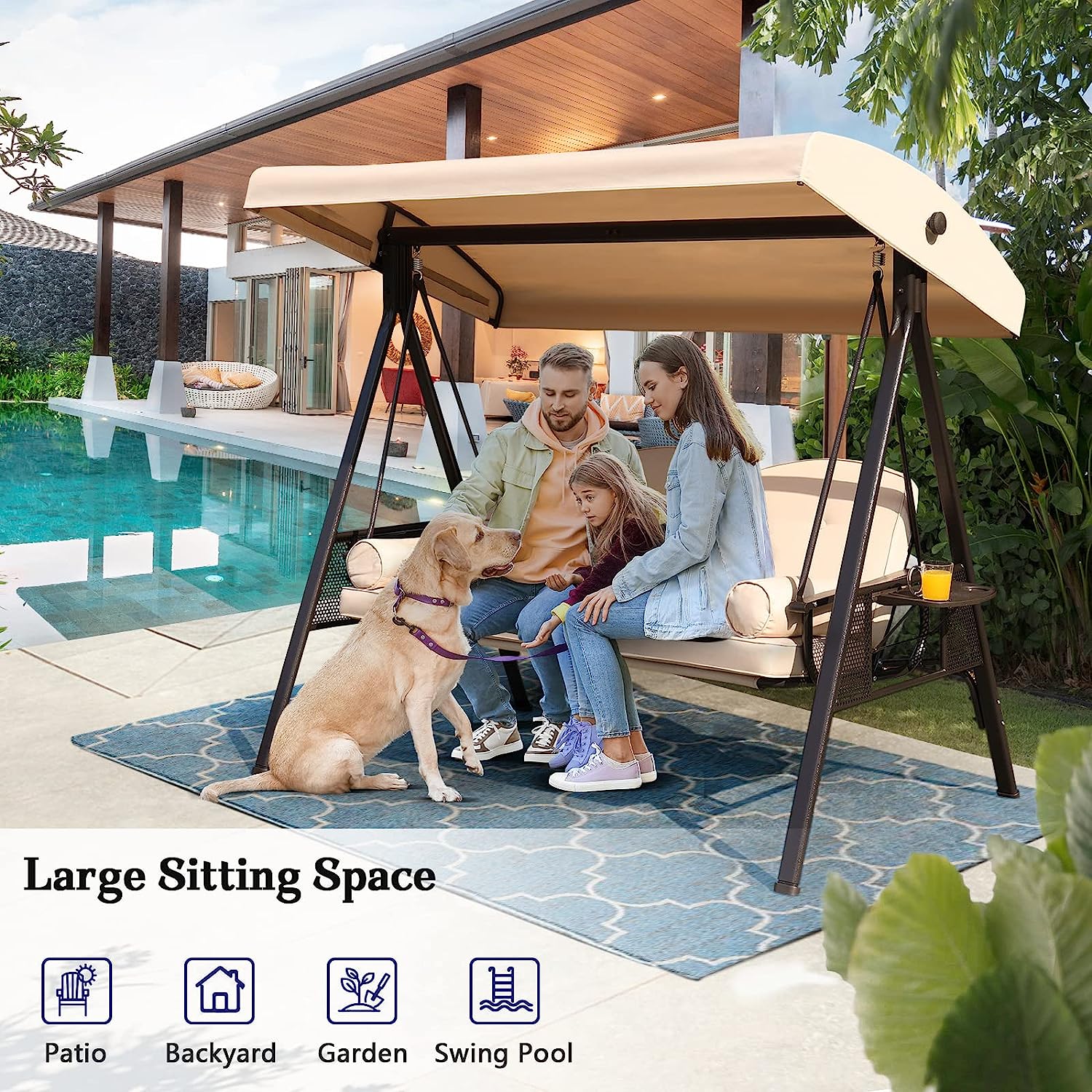 NOBLEMOOD Outdoor Porch Swing with Stand and Canopy, 3 Seat Freestanding Metal Porch Swing Bed with Cushions and Cup Trays for Backyard Outside Deck Lawn (Wine Red)