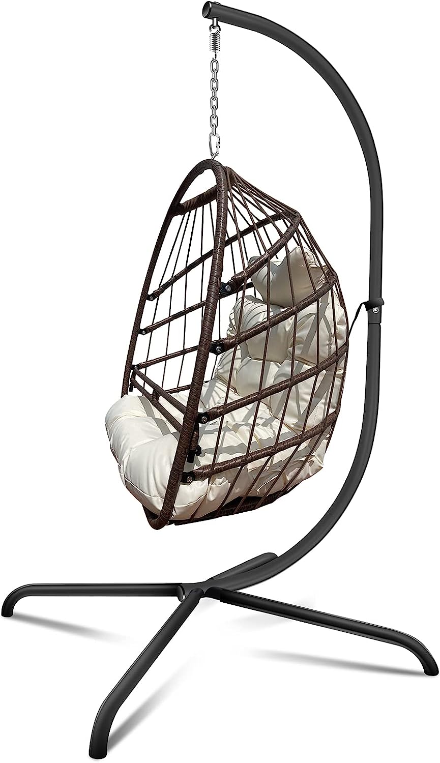 Olela Wicker Egg Swing Chair with Stand Indoor Outdoor,Hanging Egg Chair with Cushion and Pillow,Basket Chair for Bedroom,Living Room or Patio Garden (Natural-Round Base)
