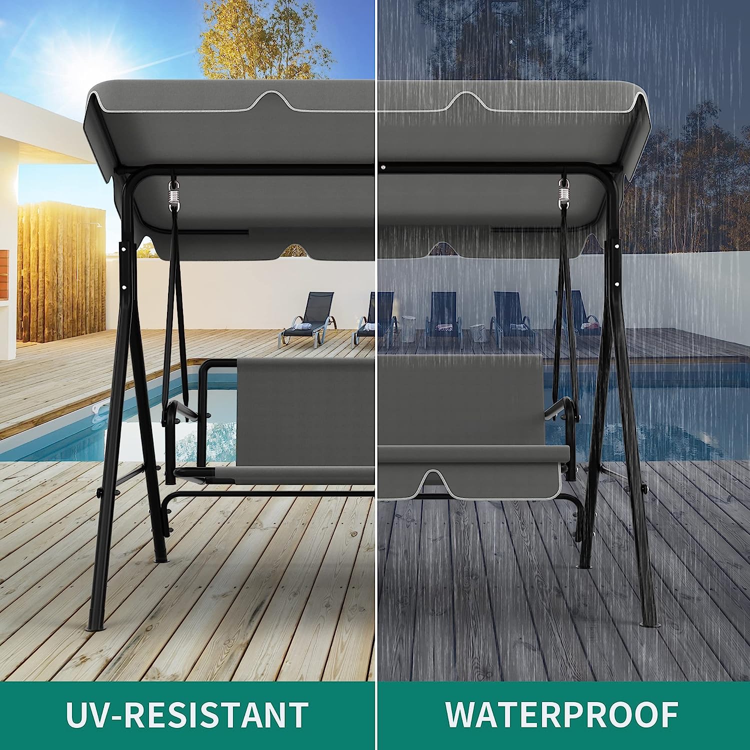 YITAHOME 3-Seat Porch Swing Outdoor Heavy Duty Patio Swing Chair with Stand Adjustable Canopy Soft Cushion for Garden, Patio, Lawn, Balcony and Deck, Black