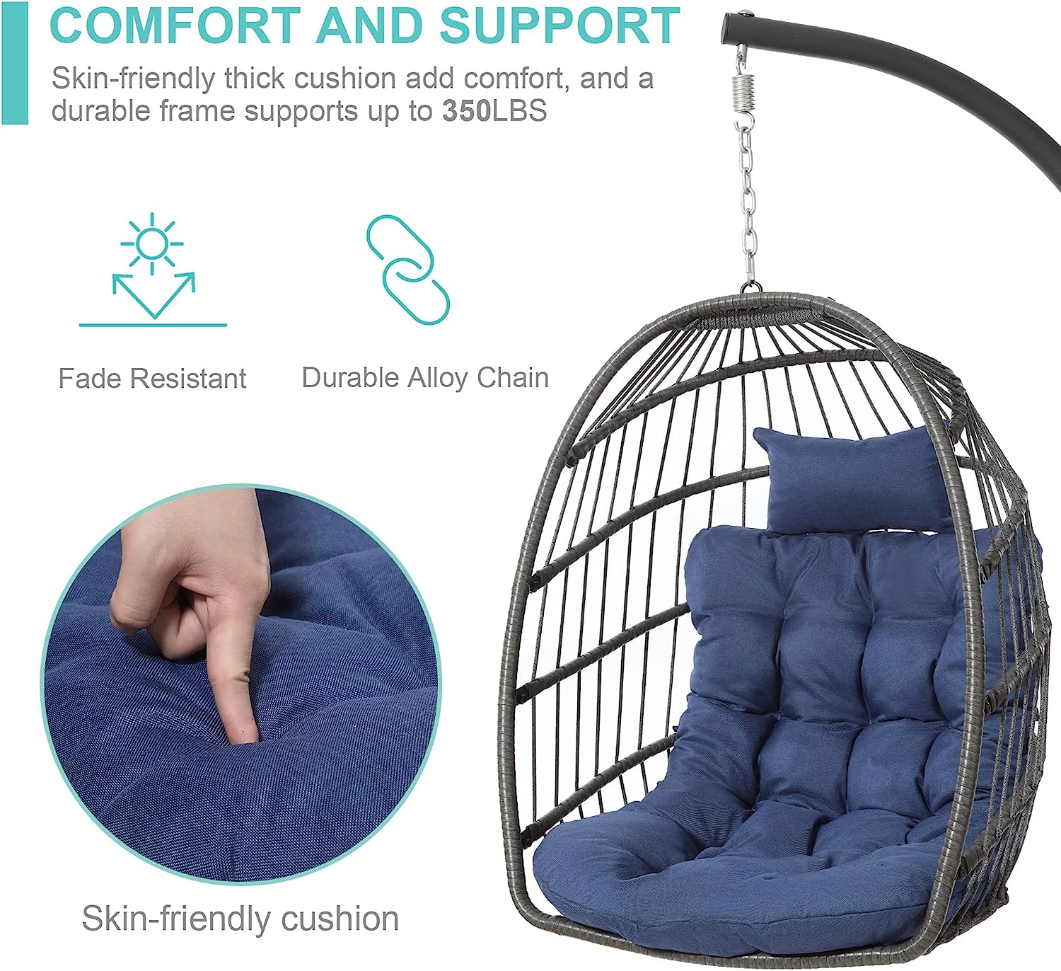 SWITTE Hanging Egg Chair with Stand, Egg Swing Hammock Chair with Stand, Indoor Outdoor Wicker Egg Chair with Cushion Headrest for Patio Bedroom Porch Garden, 350LBS Capacity(Dark Grey)