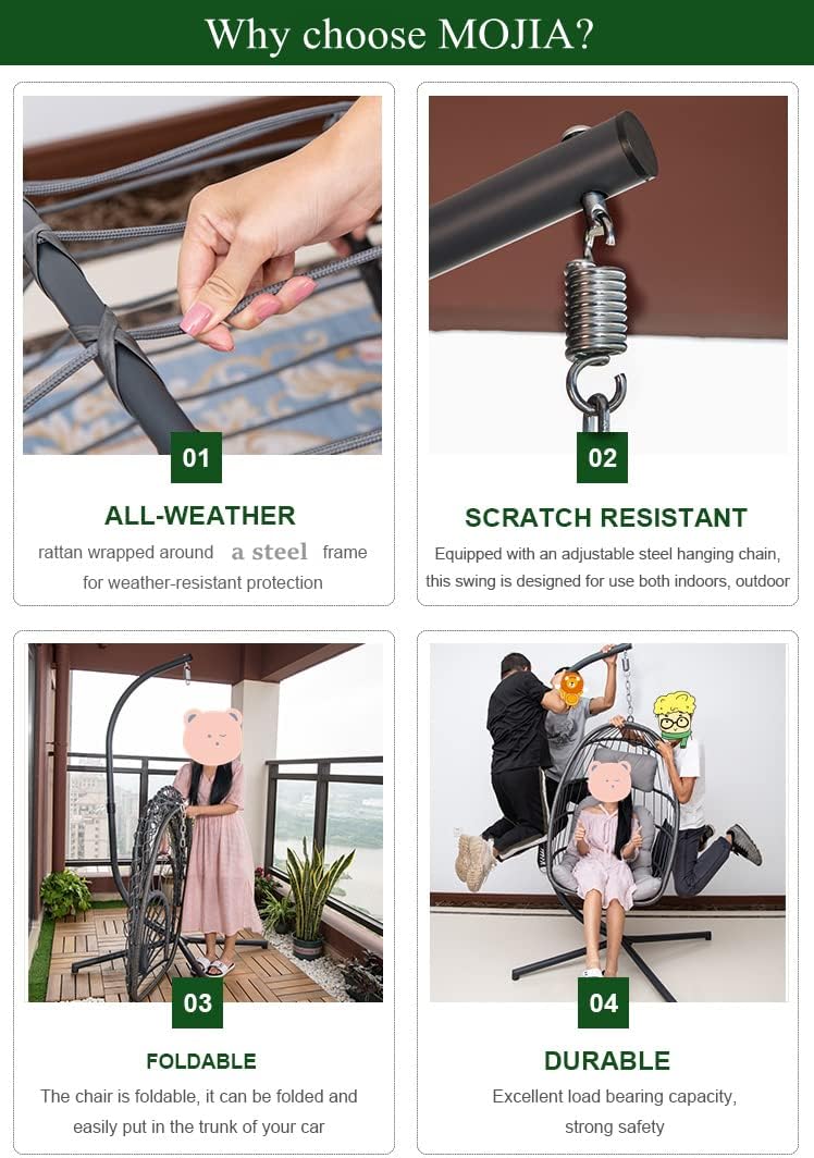 MOJIA Egg Chair with Stand and Oxford Cover, Patio Wicker Hanging Swing Chair with UV Resistant Cushion and Foldable Seat Basket