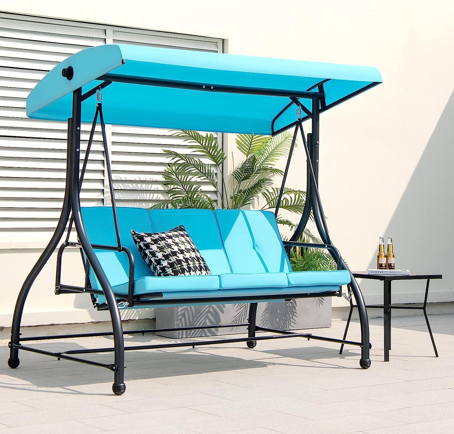 Tangkula 3 Person Porch Swing, 2-in-1 Convertible Patio Swing Bed with Removable Cushions, Solid Steel Structure, Outdoor Swing with Adjustable Canopy for Backyard, Balcony, Poolside (Turquoise)