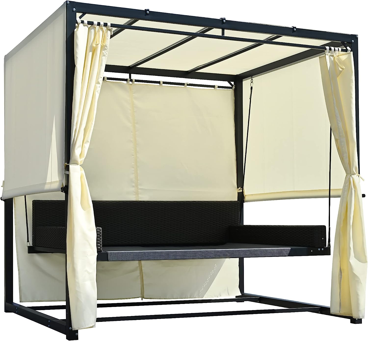 Patio 51.9” 2-Person Swing Chair,Outdoor Rattan Woven Hanging Seat with Adjustable Rope and Cushion,for Porch Lawn Garden Backyard Balconies (Black&b)