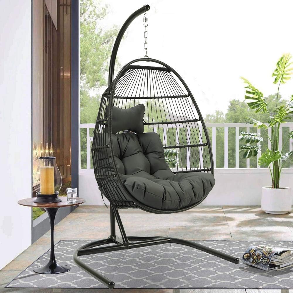 JOYBASE Hanging Egg Chair with Stand, Outdoor Wicker Rattan Egg Swing Chair with Stand and Cushion for Indoor Outdoor Bedroom Patio Garden (Grey/Black)