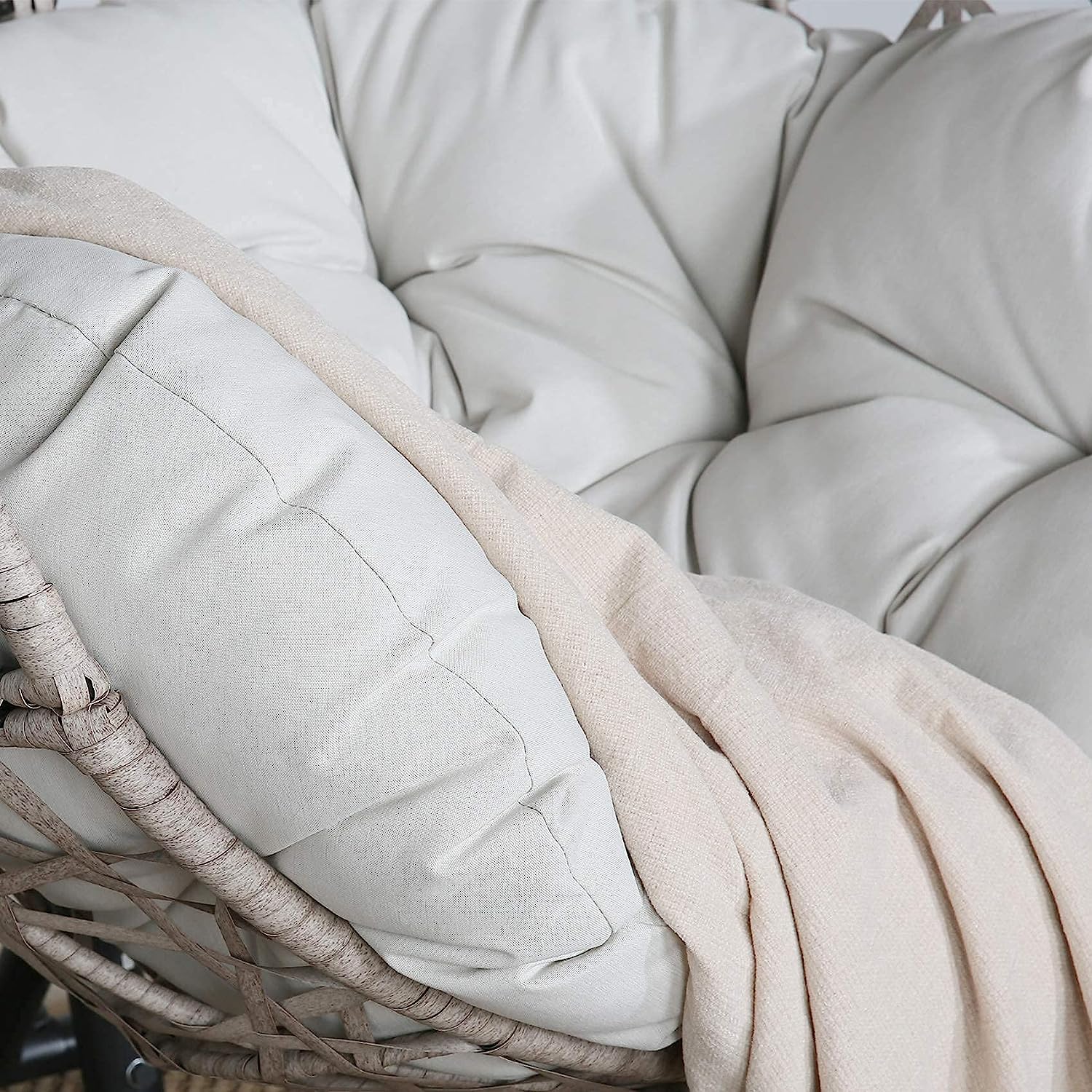 Ulax Furniture Egg Chair, Outdoor Indoor Patio Wicker Hanging Basket Swing Chair, Tear Drop Egg Chair with Cushion, Stand and Adjustable Footrest (Beige)