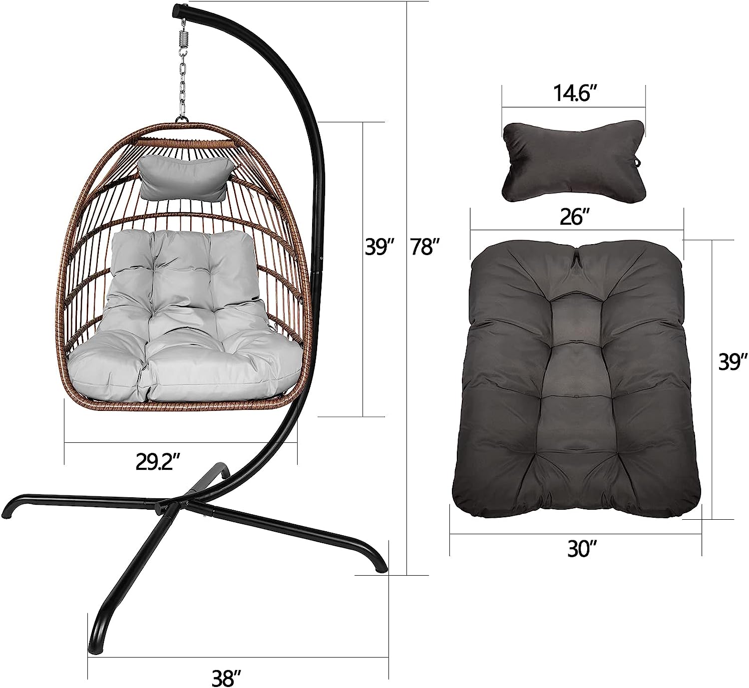 Olela Wicker Egg Swing Chair with Stand Indoor Outdoor,Hanging Egg Chair with Cushion and Pillow,Basket Chair for Bedroom,Living Room or Patio Garden (Natural-Round Base)