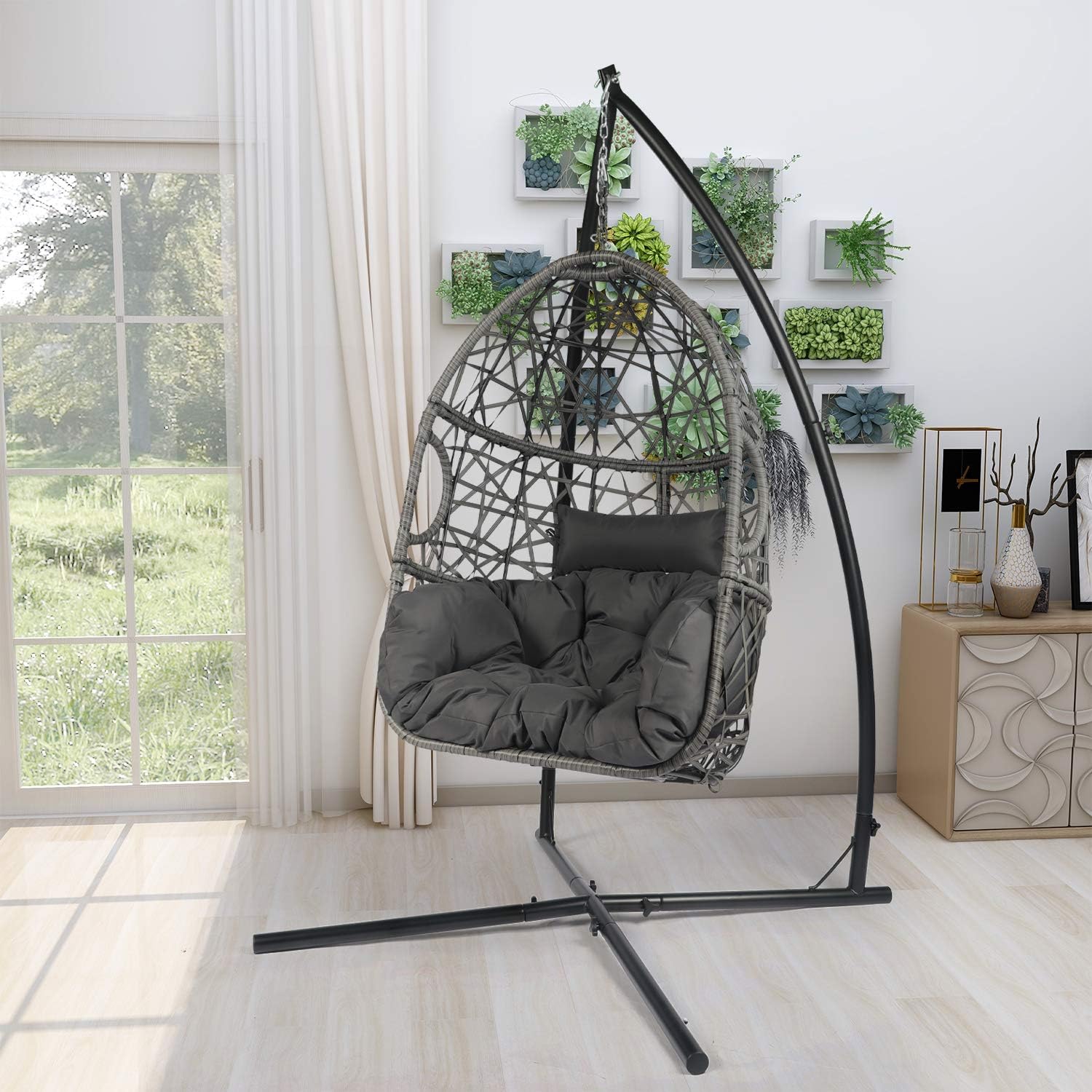 LAZZO Swing Egg Chair, Rattan Hanging Chair, Indoor & Outdoor Hammock Chair with Seat Cushion & Pillow for Patio Porch Lounge Bedroom