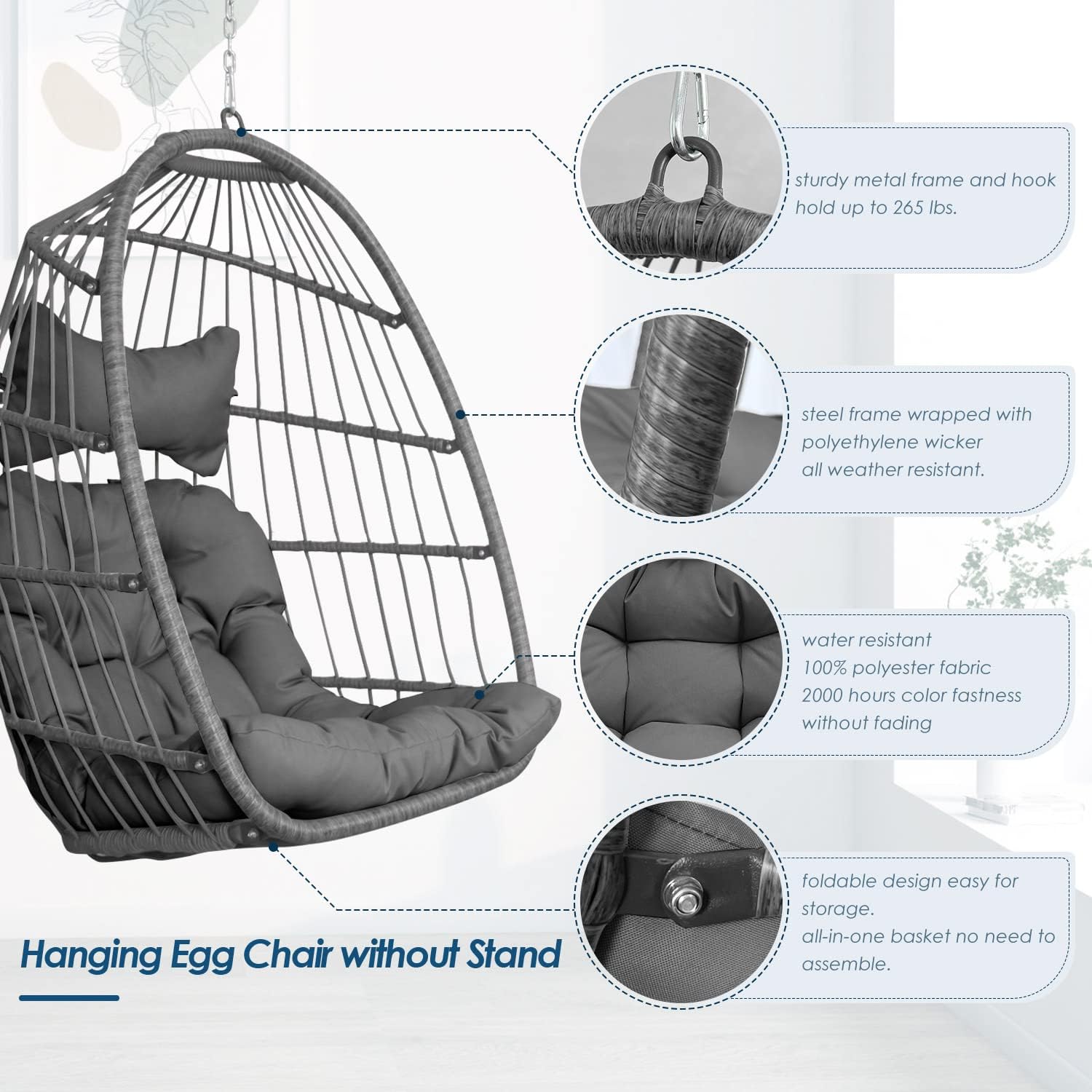 NICESOUL Hanging Egg Chair Without Stand PE Wicker Swing Hammock Egg Basket Ceiling Chairs with Cushions 265lbs Capaticy for Bedroom Living Room Patio Backyard Balcony (Brown)