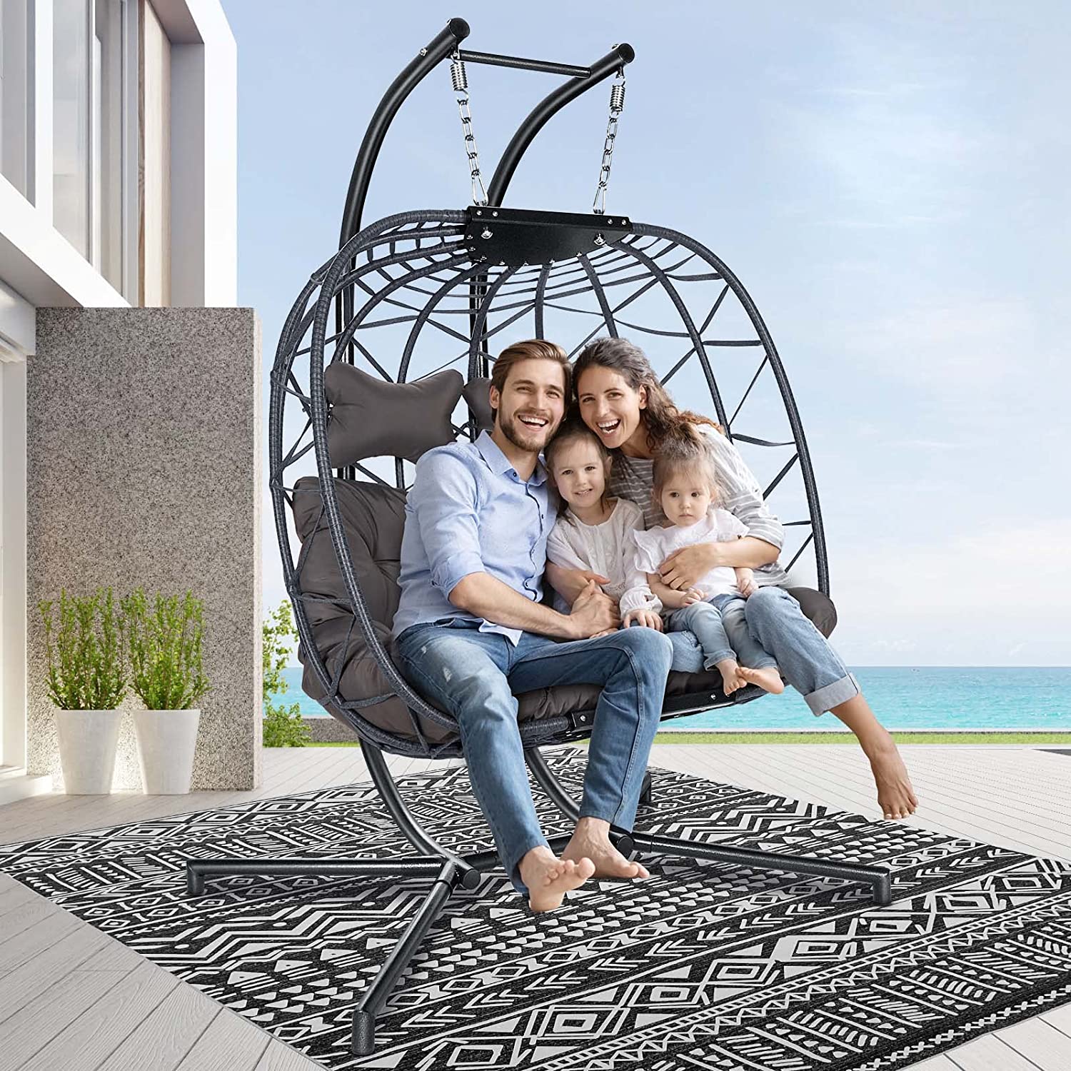 Swing Egg Chair Without Stand Indoor Outdoor Wicker Rattan Patio Basket Hanging Chair with UV Resistant Cushions 265lbs Capaticy for Bedroom Balcony Patio (Without Stand)