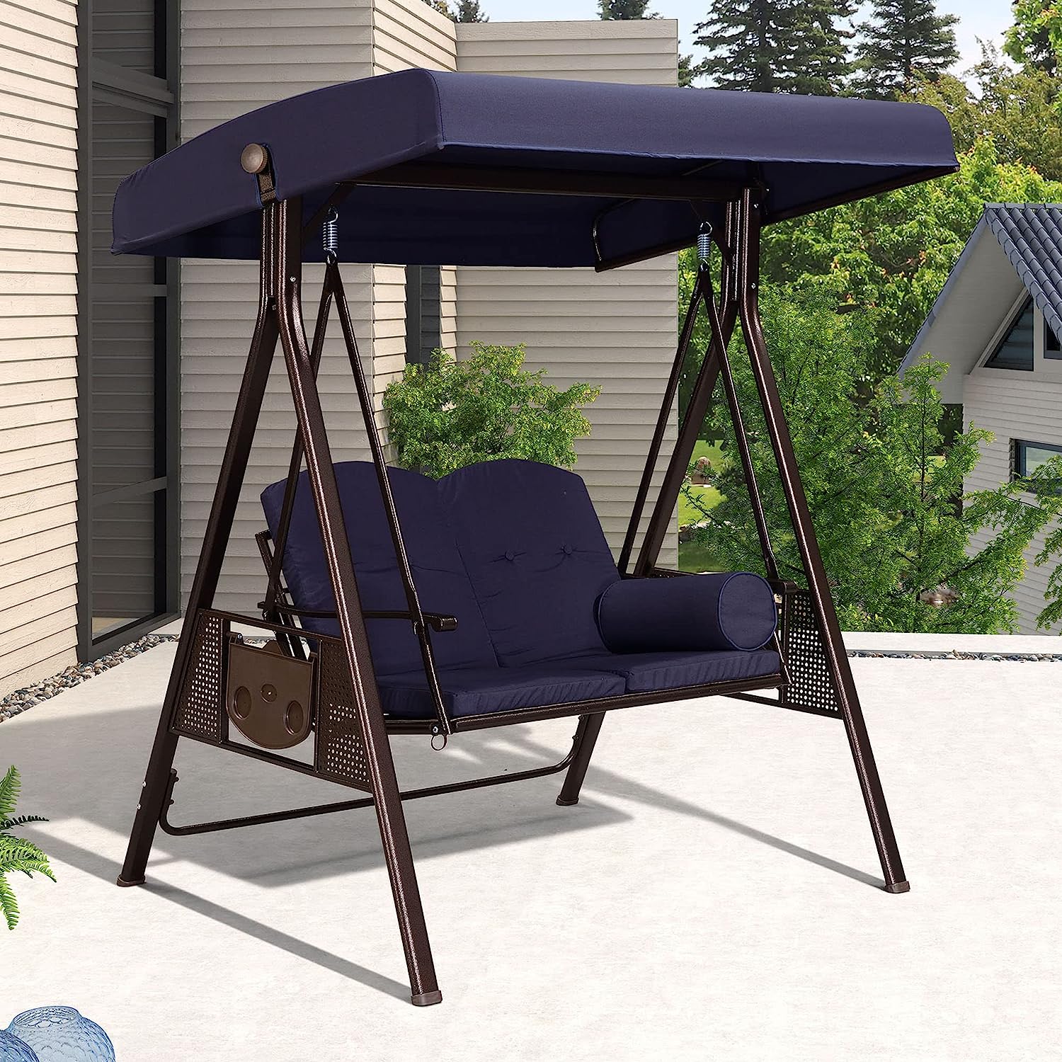 PURPLE LEAF 3-Seat Deluxe Outdoor Patio Porch Swing with Weather Resistant Steel Frame, Adjustable Tilt Canopy, Cushions and Pillow Included, Beige