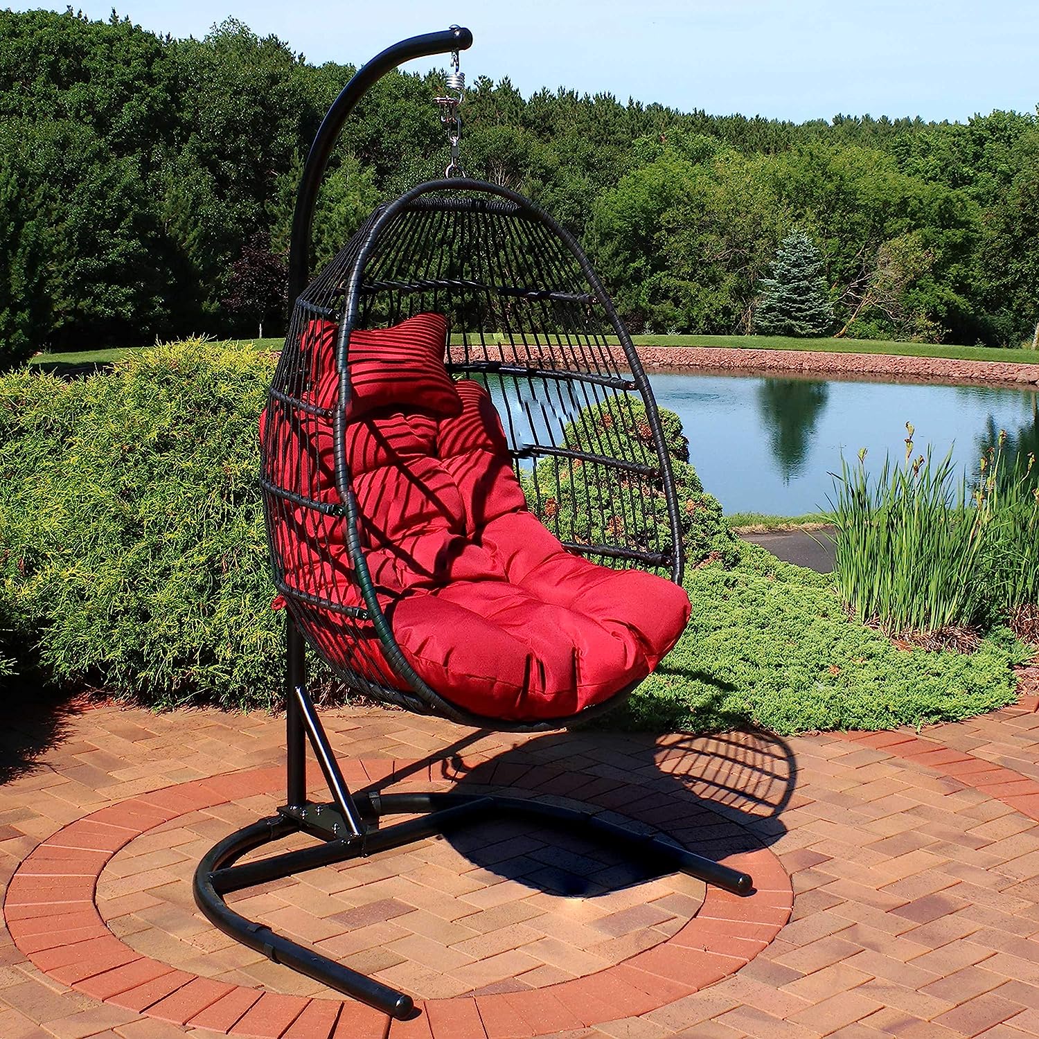 Sunnydaze Julia Hanging Egg Chair with Stand and Red Cushions - Comfy Collapsible Outdoor Egg Chair Swing with Stand - Black Polyethylene Wicker Rattan Frame with Steel Stand - 76 Inches Tall