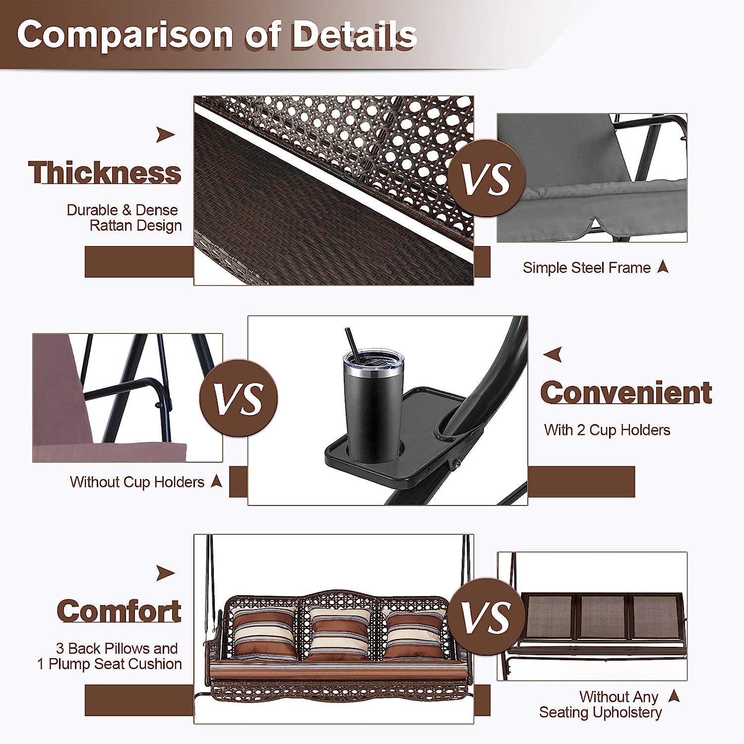 AECOJOY 3-Seat Outdoor Patio Swing Chair, Large Converting Canopy Porch Swing Glider, Hammock Lounge Chair for Porch, Rattan Wicker Steel Frame Cushion & Pillow, Brown