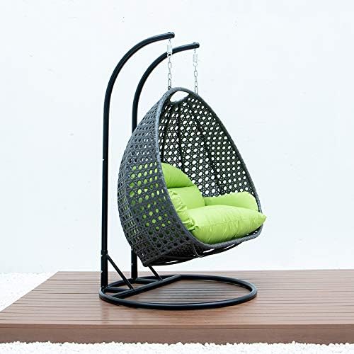 LeisureMod 2 Person Hanging Double Swing Chair, X-Large Wicker Rattan Egg Chair with Stand and Cushion for Indoor Outdoor Patio Garden (Light Green)