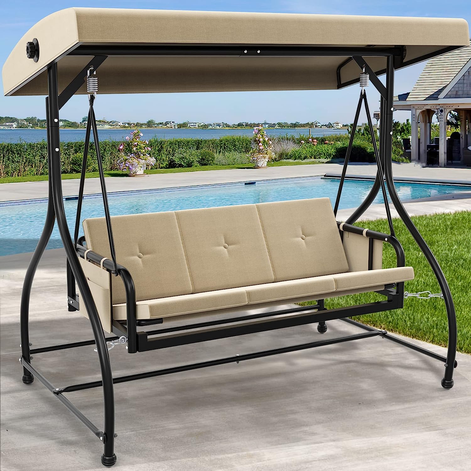 YITAHOME Porch Swing Bed 3-Seats Outdoor Patio Swing Heavy Duty Swing Chair with Adjustable Canopy Removable Cushion, Suitable for Adult in Garden, Poolside, Balcony, Brown
