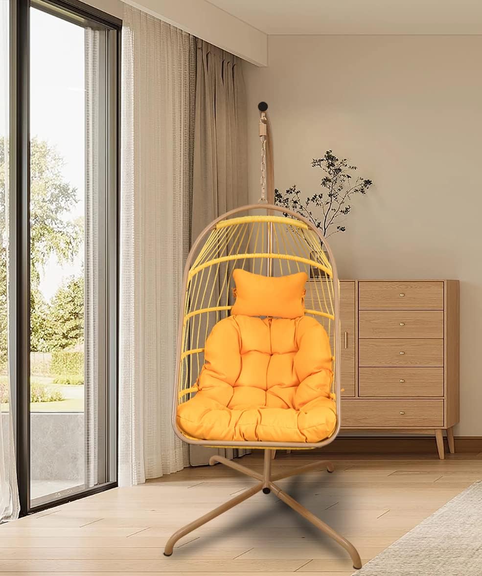 Mojia Patio Wicker Hanging Egg Swing Chair with Stand, Hammock Egg Chairs Foldable UV Resistant Cushions 440lbs Capaticy (Gray)