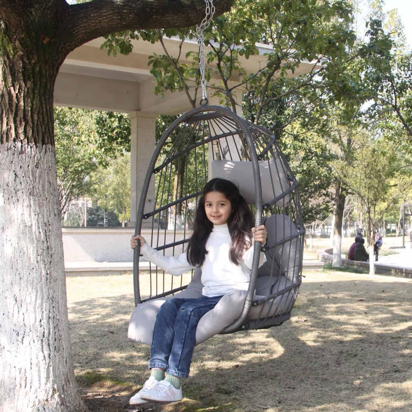 Indoor Outdoor Patio Wicker Hanging Chair Swing Egg Basket Chairs with Stand UV Resistant Cushions 350lbs Capaticy for Patio Backyard Balcony Xmas Gift