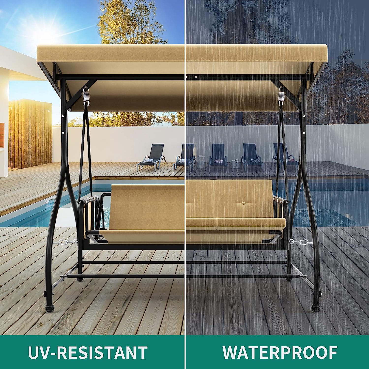 YITAHOME Porch Swing Bed 3-Seats Outdoor Patio Swing Heavy Duty Swing Chair with Adjustable Canopy Removable Cushion, Suitable for Adult in Garden, Poolside, Balcony, Brown