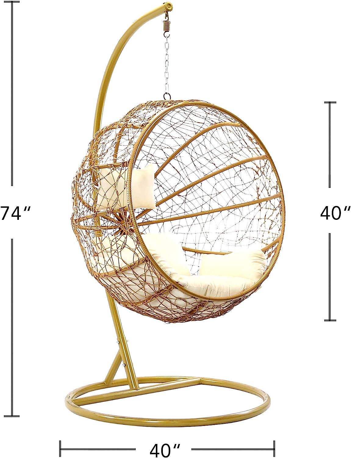 J.M.Deco Porch Swing Chair with Stand, Cushion & Pillow, Goldden Egg Rattan Wicker Swing Hanging Chair, Hammock Chair for Indoor, Outdoor, Garden, Backyard & Patio