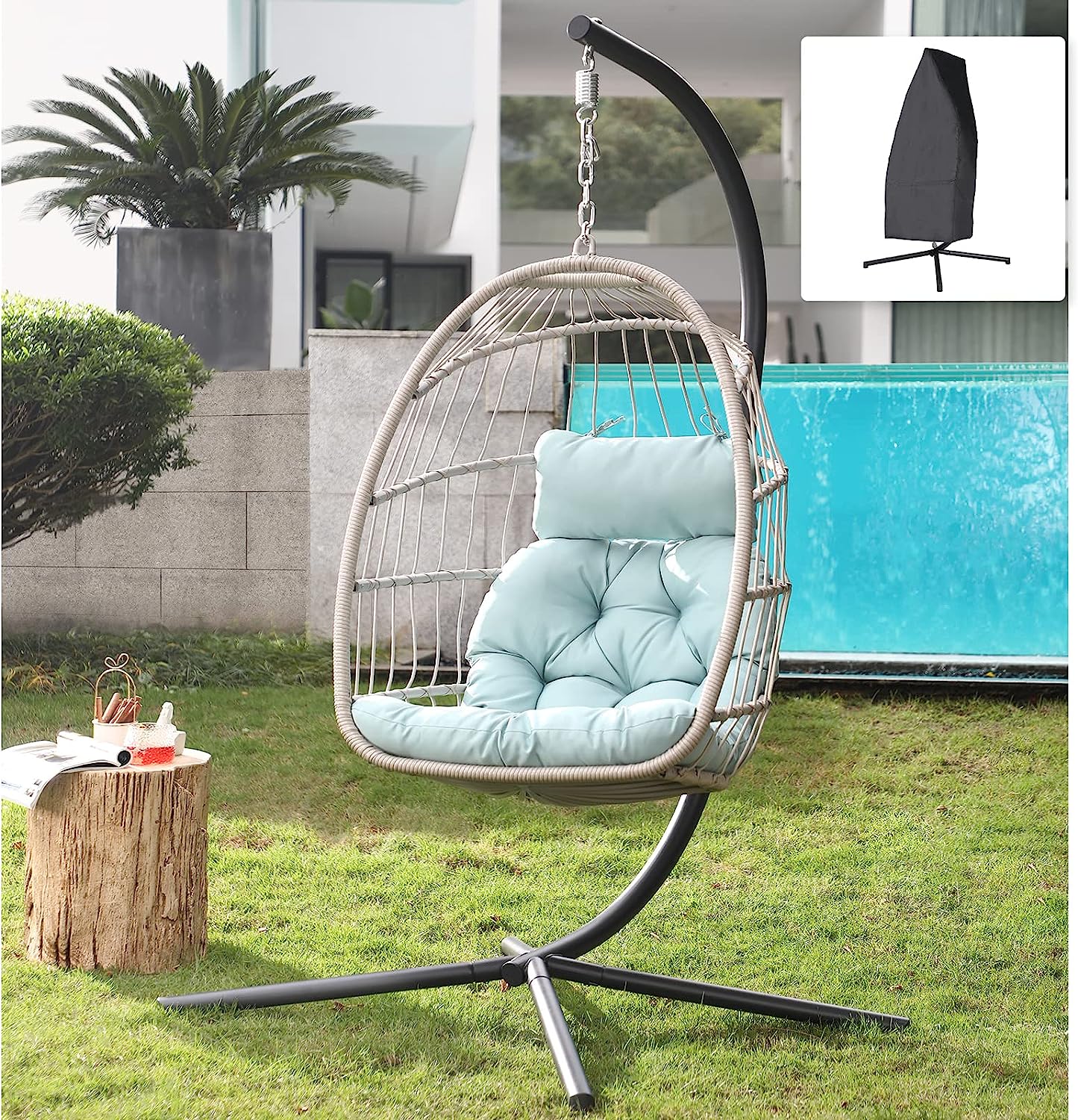 Patiorama Indoor Outdoor Egg Swing Chair with Stand, Patio Grey Wicker Rattan Hanging Chair with Rope Back, Cushion,Cover,All Weather Foldable Hammock Chair for Bedroom, Garden (Light Grey)