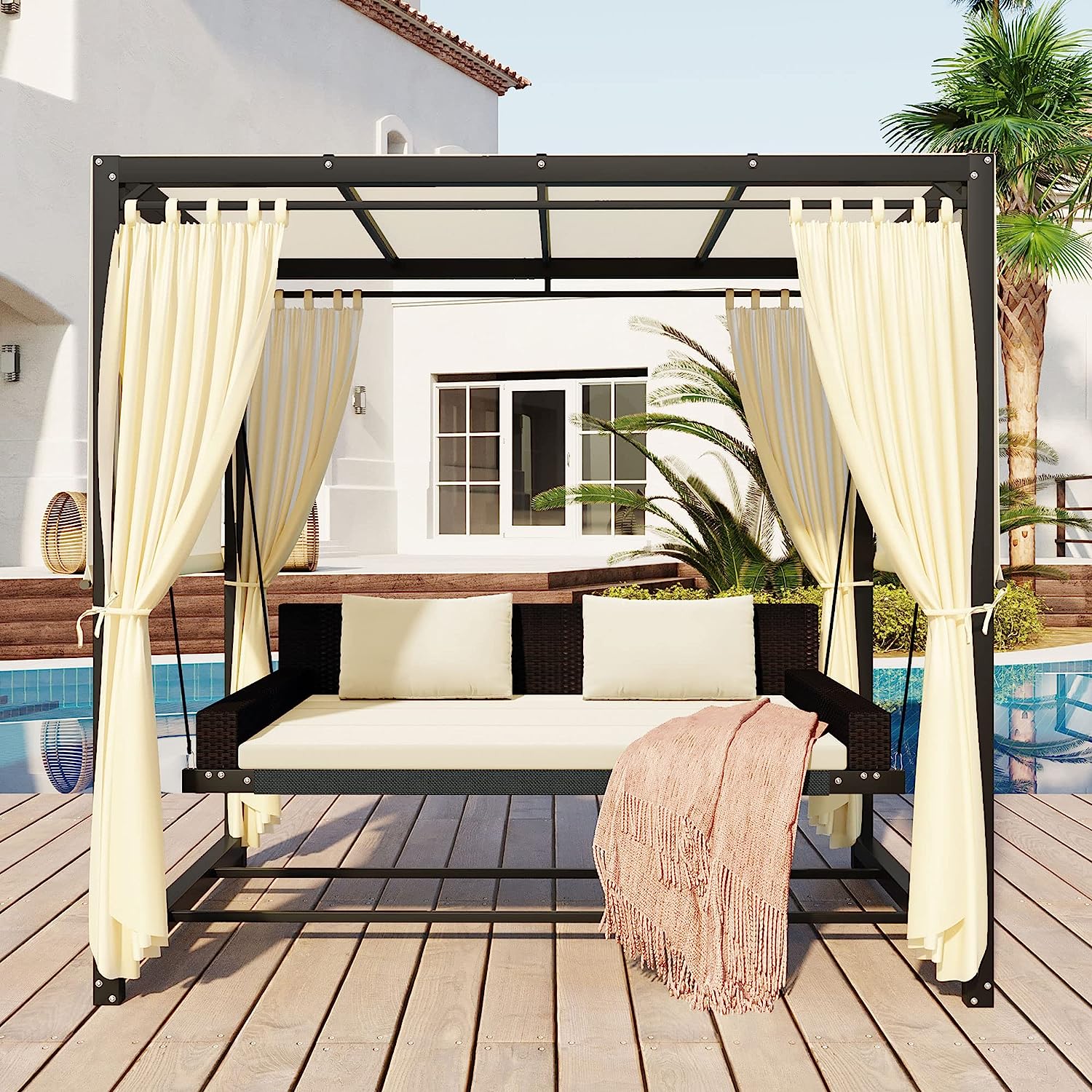 Patio 51.9” 2-Person Swing Chair,Outdoor Rattan Woven Hanging Seat with Adjustable Rope and Cushion,for Porch Lawn Garden Backyard Balconies (Black&b)