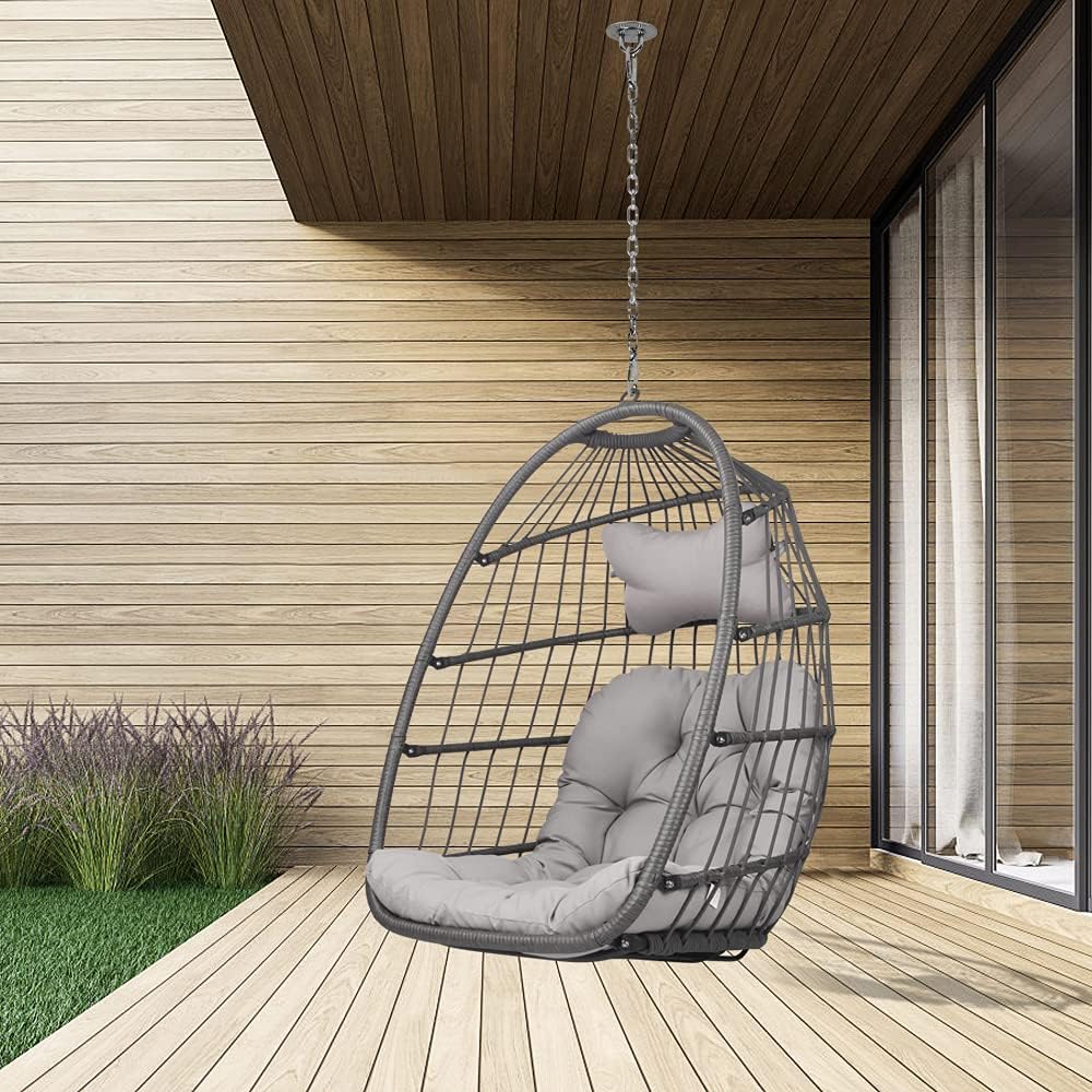 Swing Egg Chair Without Stand Indoor Outdoor Wicker Rattan Patio Basket Hanging Chair with UV Resistant Cushions 265lbs Capaticy for Bedroom Balcony Patio (Without Stand)