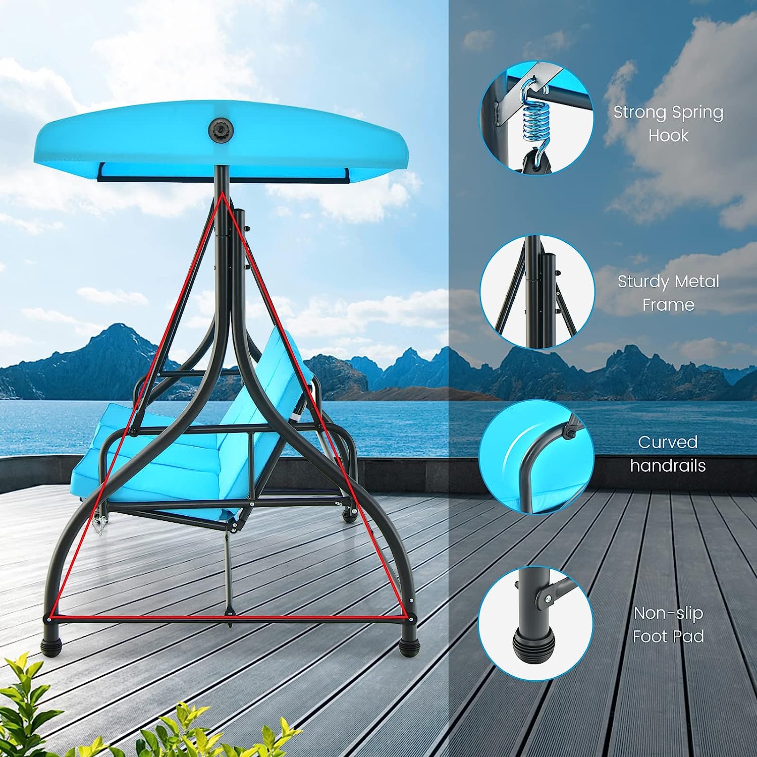 Tangkula 3 Person Porch Swing, 2-in-1 Convertible Patio Swing Bed with Removable Cushions, Solid Steel Structure, Outdoor Swing with Adjustable Canopy for Backyard, Balcony, Poolside (Turquoise)