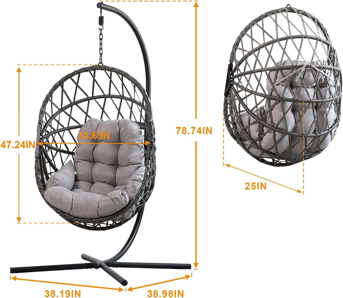 PRIVATE GARDEN Large Hanging Egg Chair with Stand Upgraded Wicker Egg Swing Chair Outdoor Indoor PE Rattan Hanging Chair with Grey Comfort Cushion Heavy Duty C-Stand