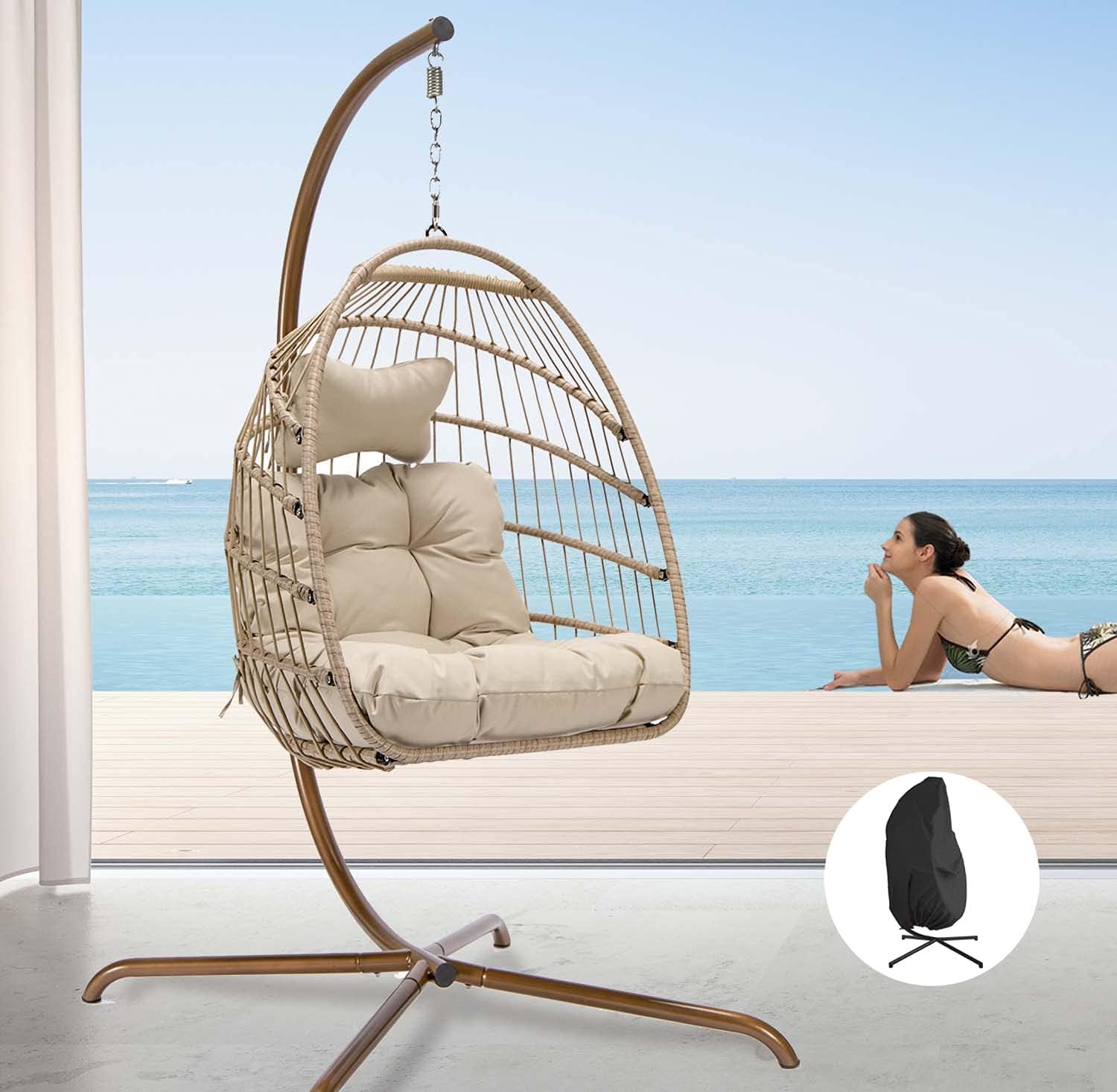 Indoor Outdoor Patio Wicker Hanging Chair Swing Egg Basket Chairs with Stand UV Resistant Cushions 350lbs Capaticy for Patio Backyard Balcony Xmas Gift