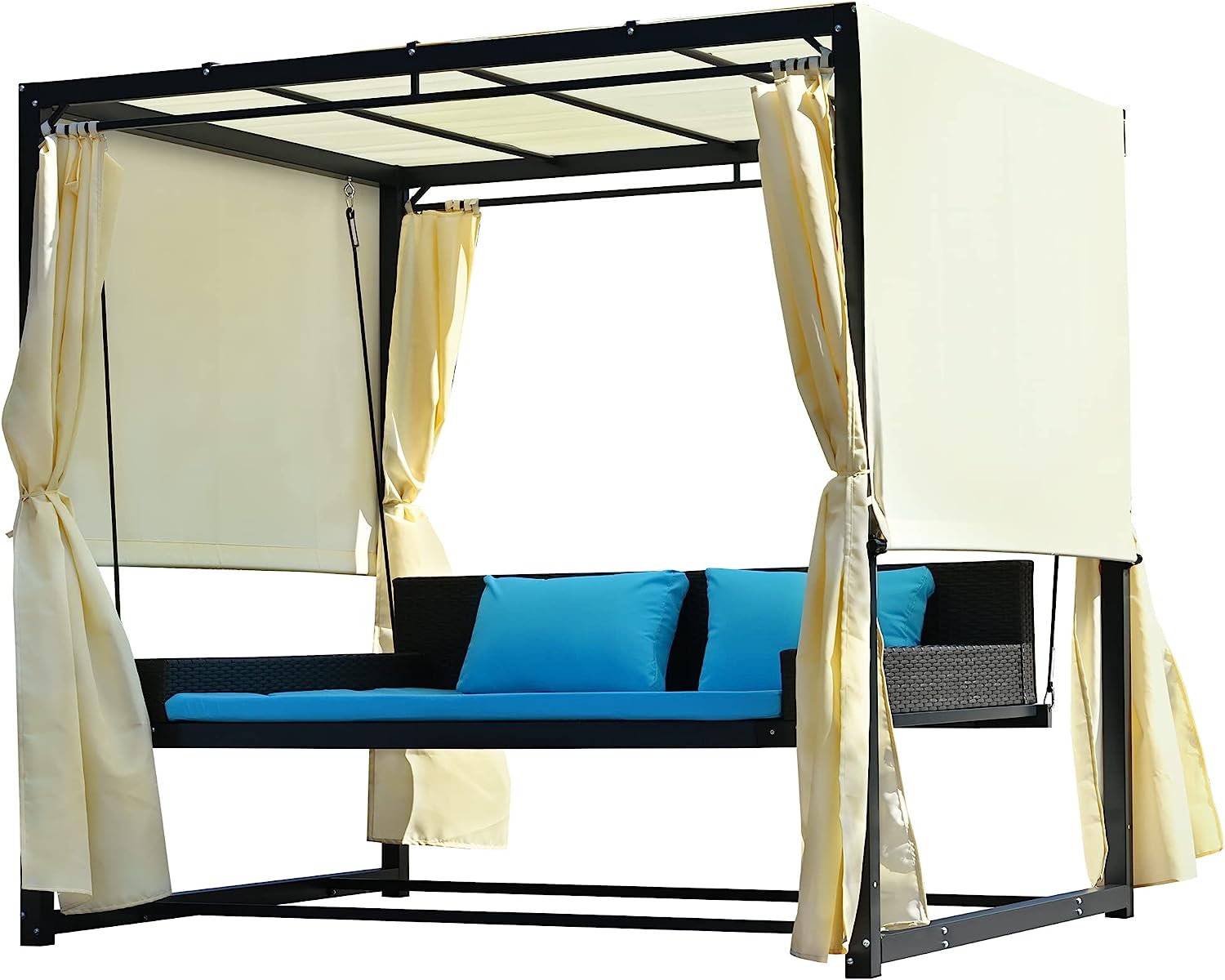 Patio 51.9” 2-Person Swing Chair,Outdoor Rattan Woven Hanging Seat with Adjustable Rope and Cushion,for Porch Lawn Garden Backyard Balconies (Black&b)