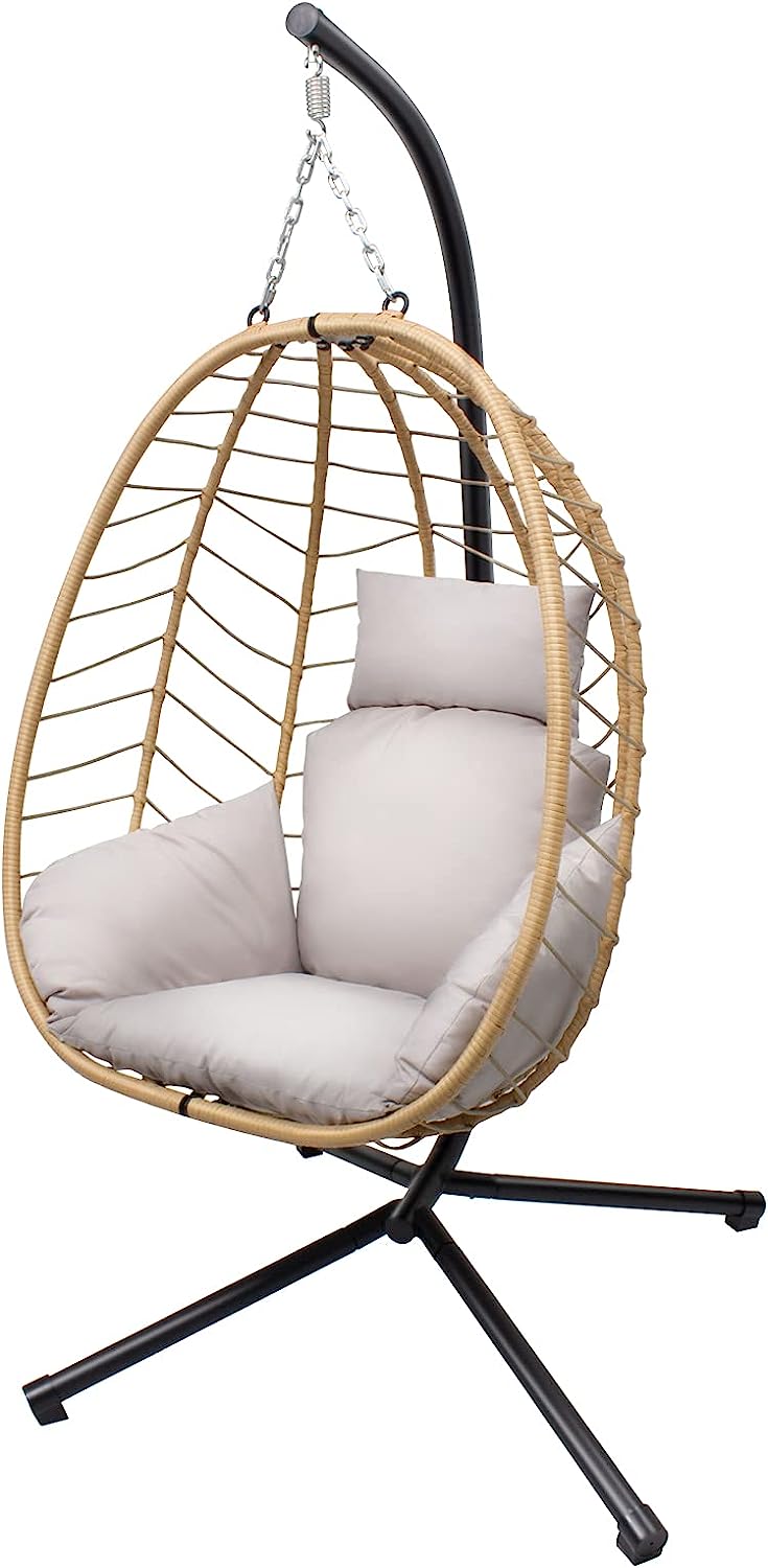 VARVIND Hammock Chair,Swing Egg Chiar with Stand and Cushions, Pillow, Foldable Wicker Rattan Hanging Egg Chair,Adjustable Height,Anti-UV&Waterproof, Indoor and Outdoor Use,286Lbs(Brown)
