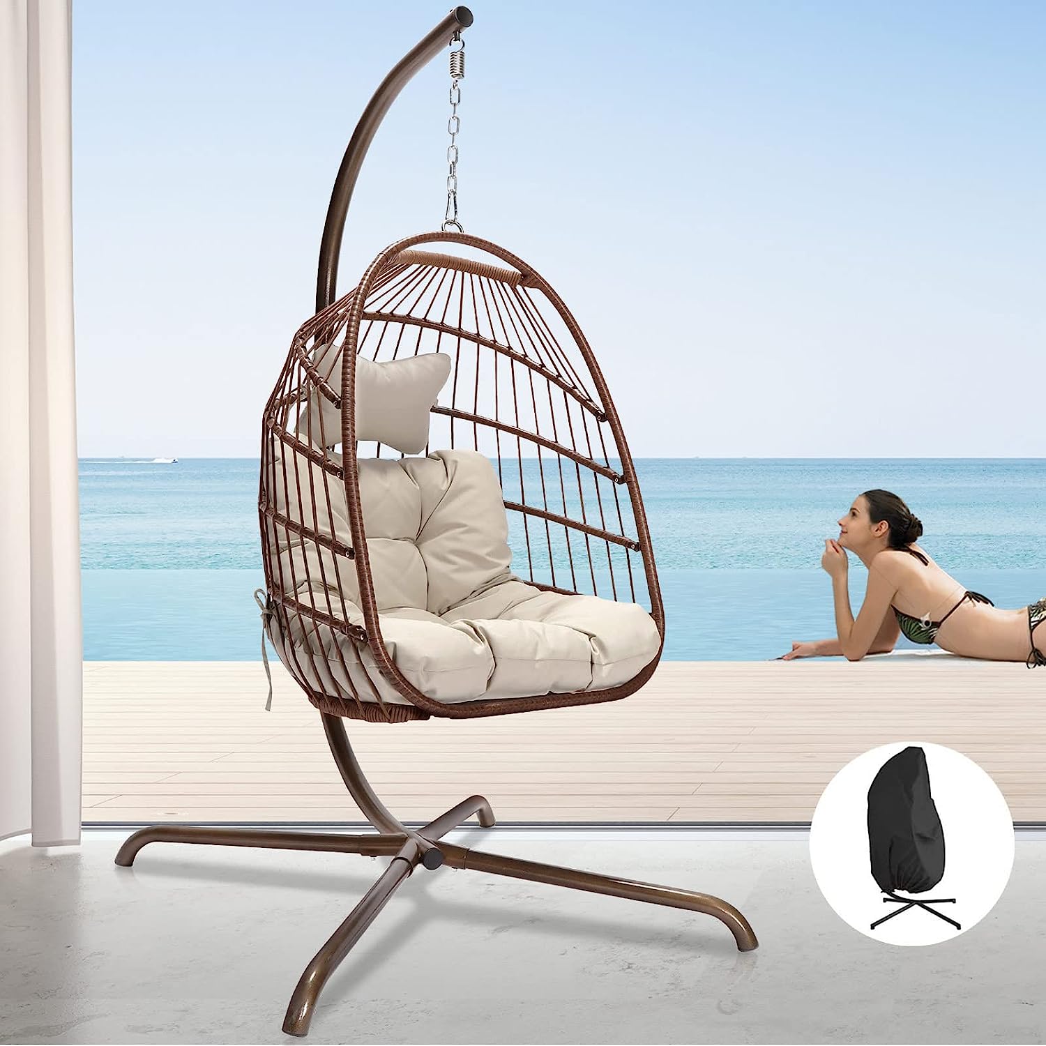Indoor Outdoor Patio Wicker Hanging Chair Swing Egg Basket Chairs with Stand UV Resistant Cushions 350lbs Capaticy for Patio Backyard Balcony Xmas Gift