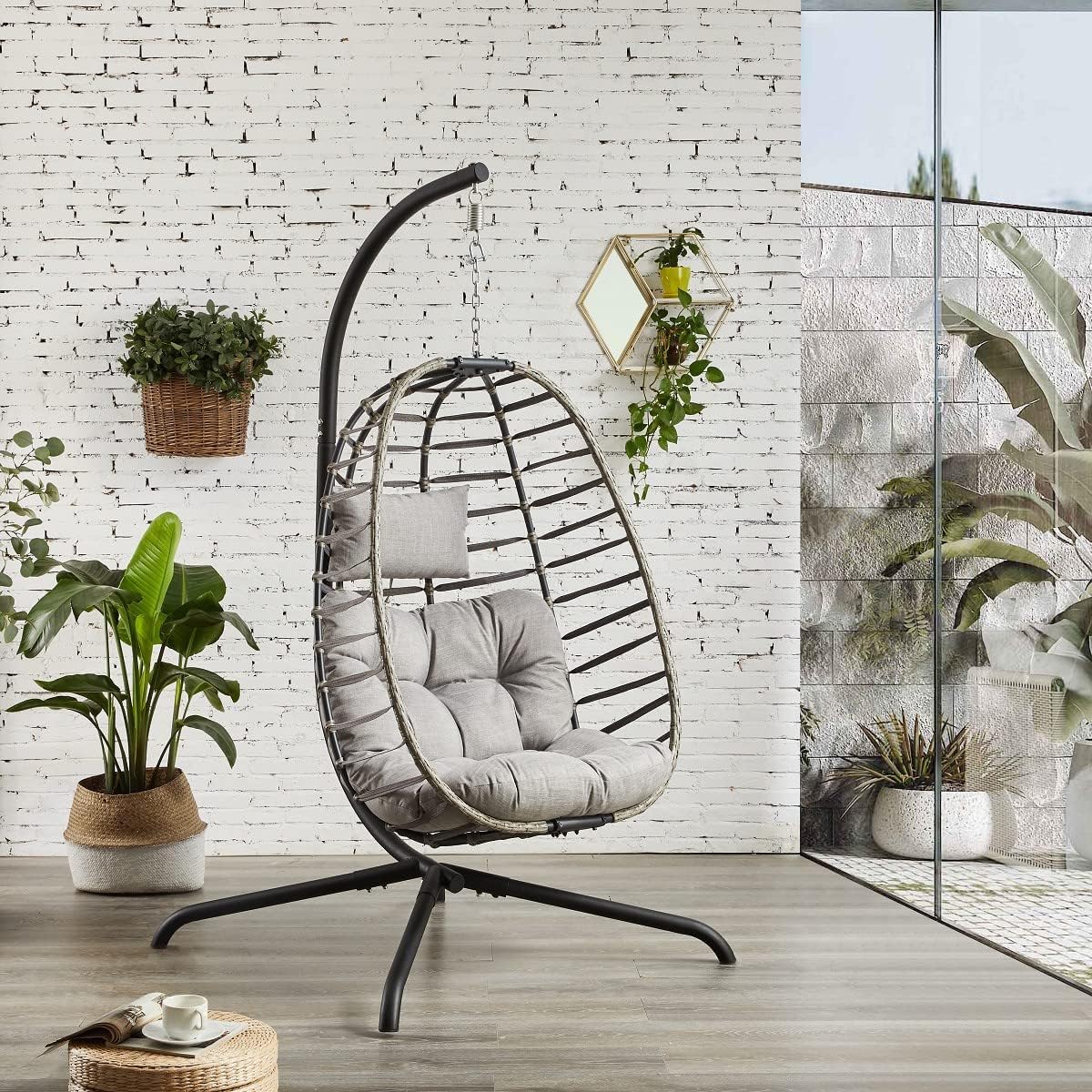 Rilyson Hanging Egg Chair Without Stand - Outdoor Egg Swing Chair with Resistant Cushion Wicker Rattan Swinging Egg Chair for Patio Garden Balcony(Grey/Blue)