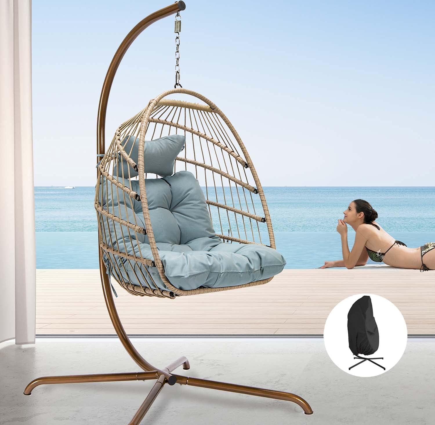 Indoor Outdoor Patio Wicker Hanging Chair Swing Egg Basket Chairs with Stand UV Resistant Cushions 350lbs Capaticy for Patio Backyard Balcony Xmas Gift