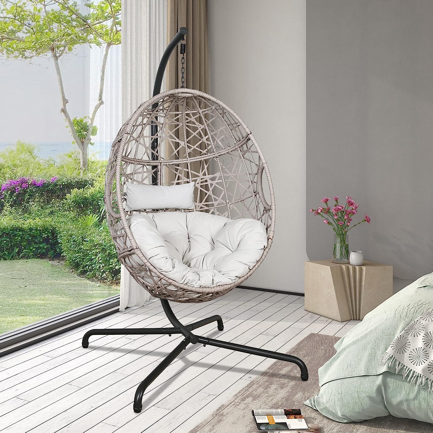 Iwicker Outdoor Rattan Egg Hanging Swing Chair with Cushions and Stand (Beige)