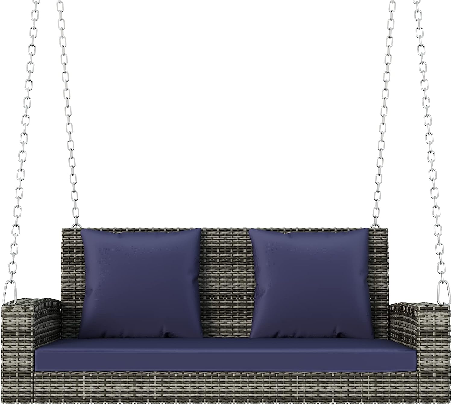 Patio 51.9” 2-Person Swing Chair,Outdoor Rattan Woven Hanging Seat with Adjustable Rope and Cushion,for Porch Lawn Garden Backyard Balconies (Black&b)