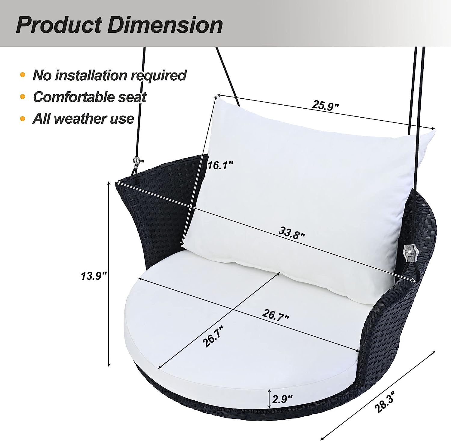 Patio 51.9” 2-Person Swing Chair,Outdoor Rattan Woven Hanging Seat with Adjustable Rope and Cushion,for Porch Lawn Garden Backyard Balconies (Black&b)