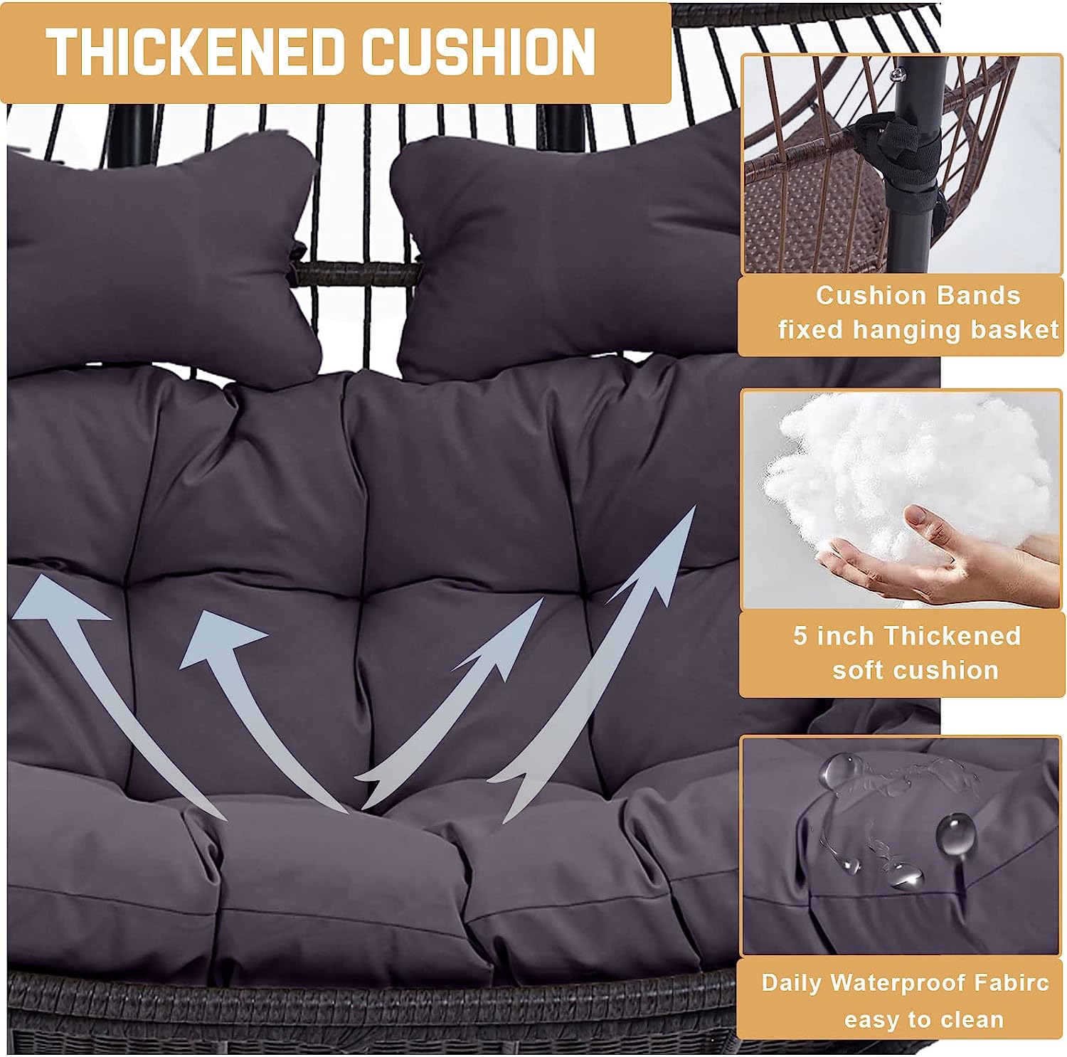 Double Egg Chair with Stand, Foldable 2-Person Hanging Swing Chair with Cover and UV Cushion, X-Large Rattan Wicker Hammock Chair for Indoor Outdoor Garden Patio (Black Frame + Gray Cushion)