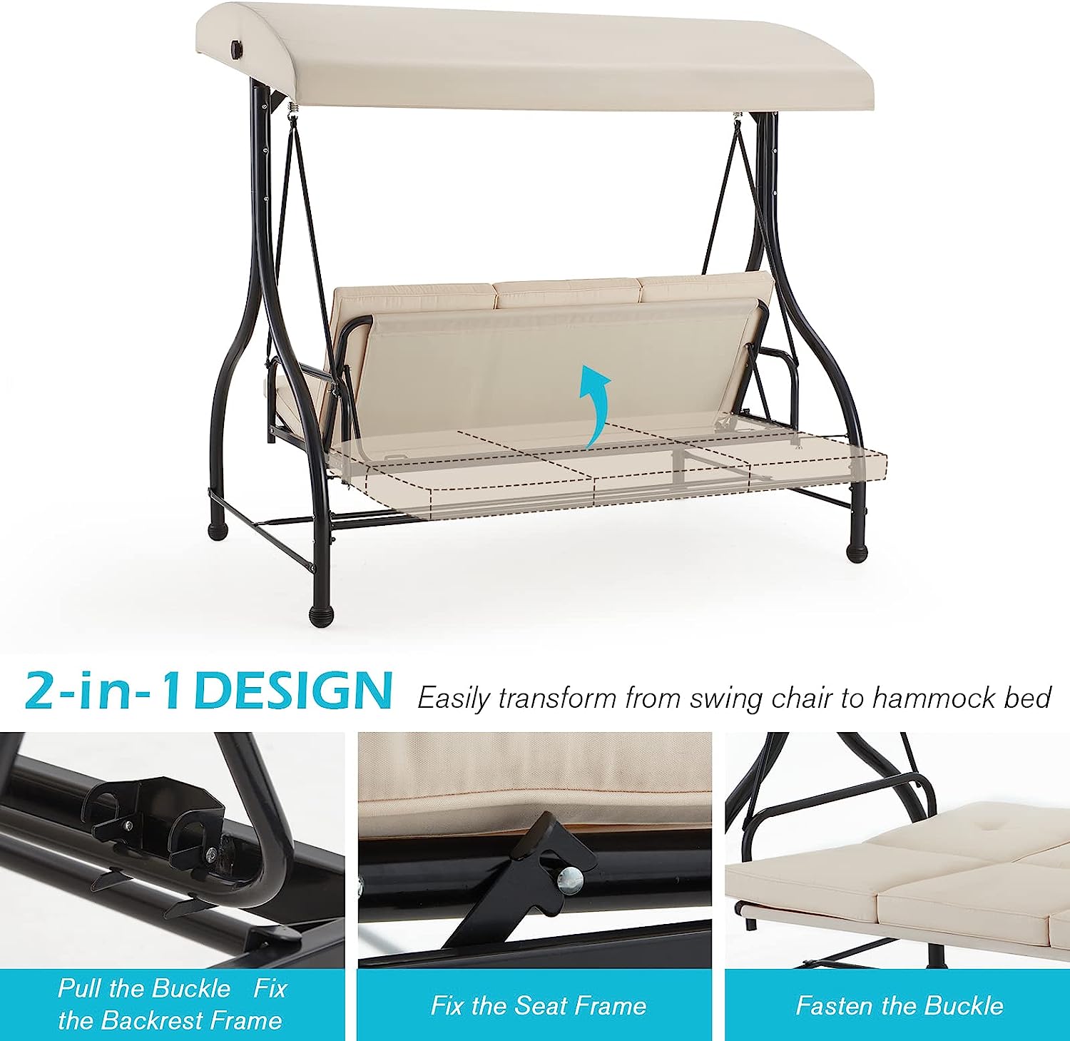 AECOJOY 3-Seat Outdoor Porch Swing with Adjustable Backrest and Canopy, Patio Swing w/Removable Cushions Outdoor Swing Bed for Porch, Backyard, Poolside, Beige