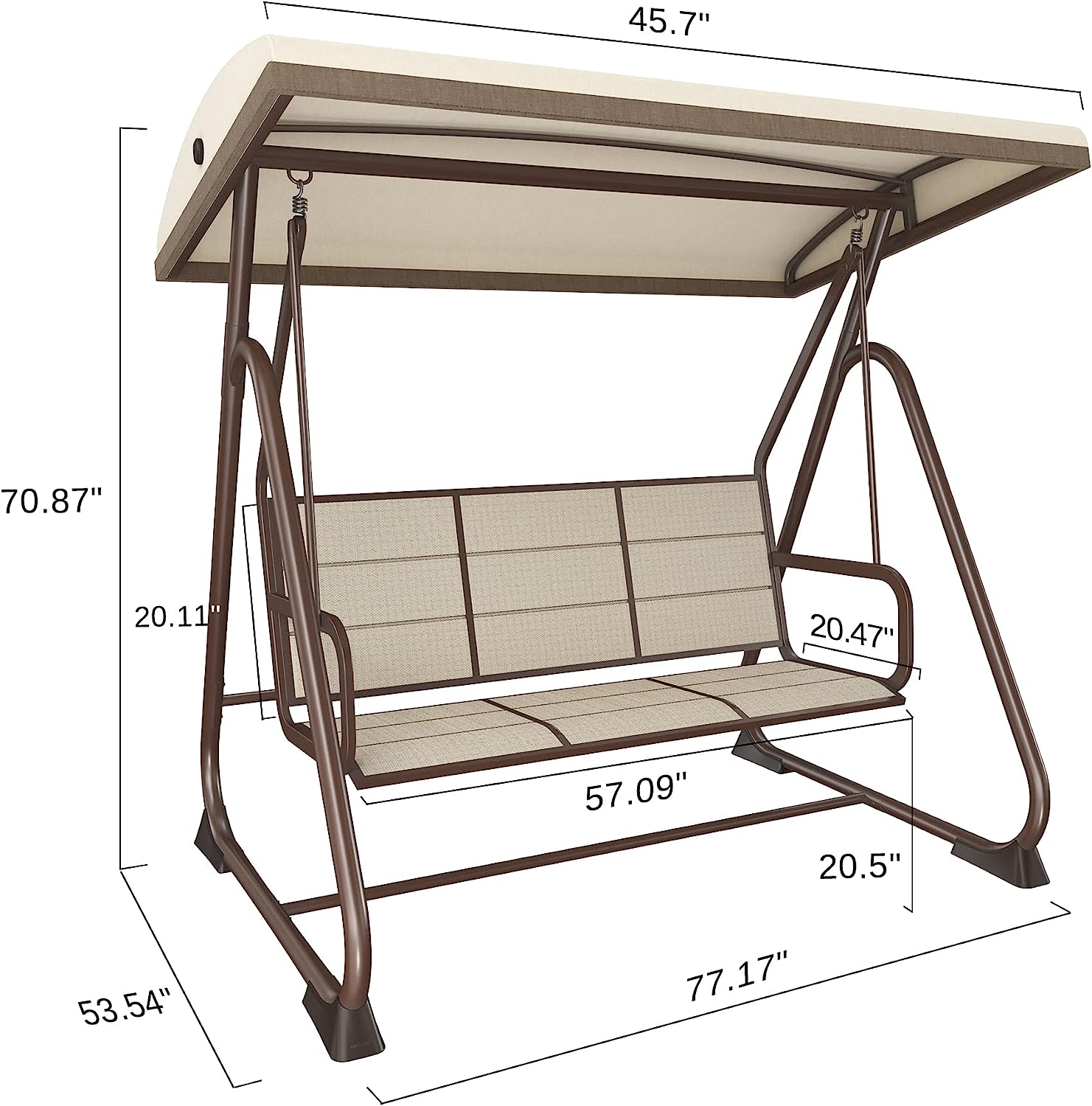 EAST OAK 3-Person Outdoor Patio Swing Chair with Adjustable Canopy, Porch Swing with Comfortable and Breathable Seats, Outdoor Swing Chairs for Garden, Balcony, Backyard, Charcoal Black