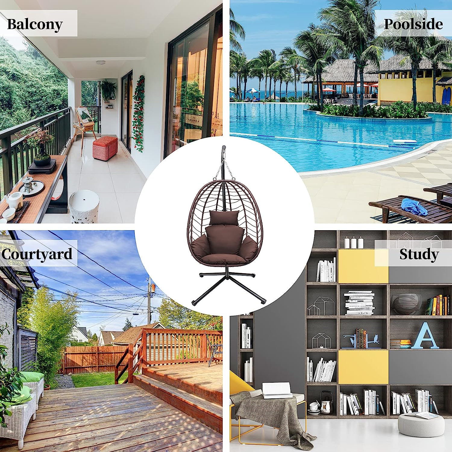 VARVIND Hammock Chair,Swing Egg Chiar with Stand and Cushions, Pillow, Foldable Wicker Rattan Hanging Egg Chair,Adjustable Height,Anti-UV&Waterproof, Indoor and Outdoor Use,286Lbs(Brown)