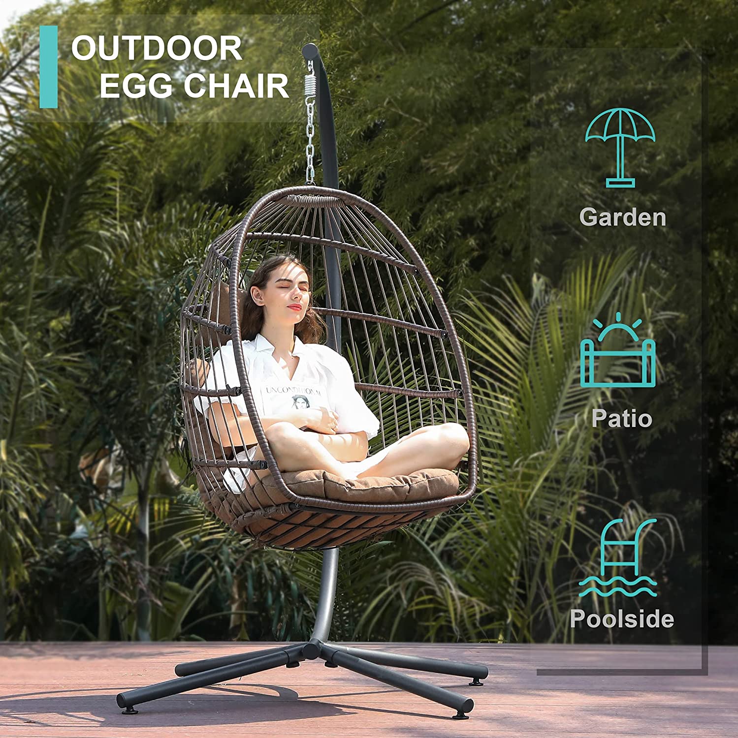SWITTE Hanging Egg Chair with Stand, Egg Swing Hammock Chair with Stand, Indoor Outdoor Wicker Egg Chair with Cushion Headrest for Patio Bedroom Porch Garden, 350LBS Capacity(Dark Grey)