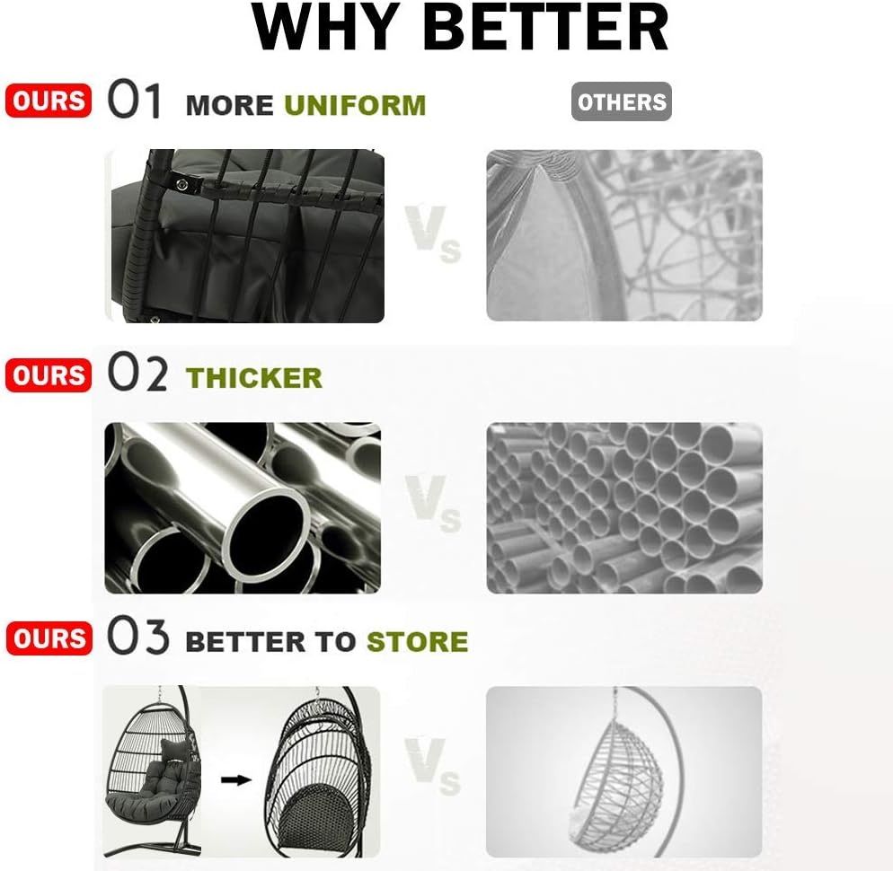 JOYBASE Hanging Egg Chair with Stand, Outdoor Wicker Rattan Egg Swing Chair with Stand and Cushion for Indoor Outdoor Bedroom Patio Garden (Grey/Black)