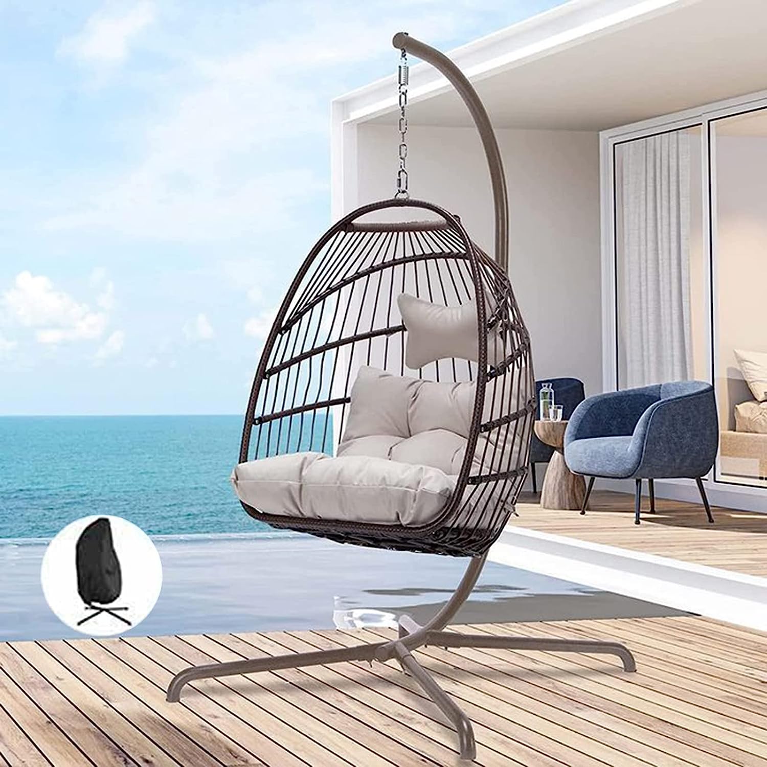 Swing Egg Chair Without Stand Indoor Outdoor Wicker Rattan Patio Basket Hanging Chair with UV Resistant Cushions 265lbs Capaticy for Bedroom Balcony Patio (Without Stand)
