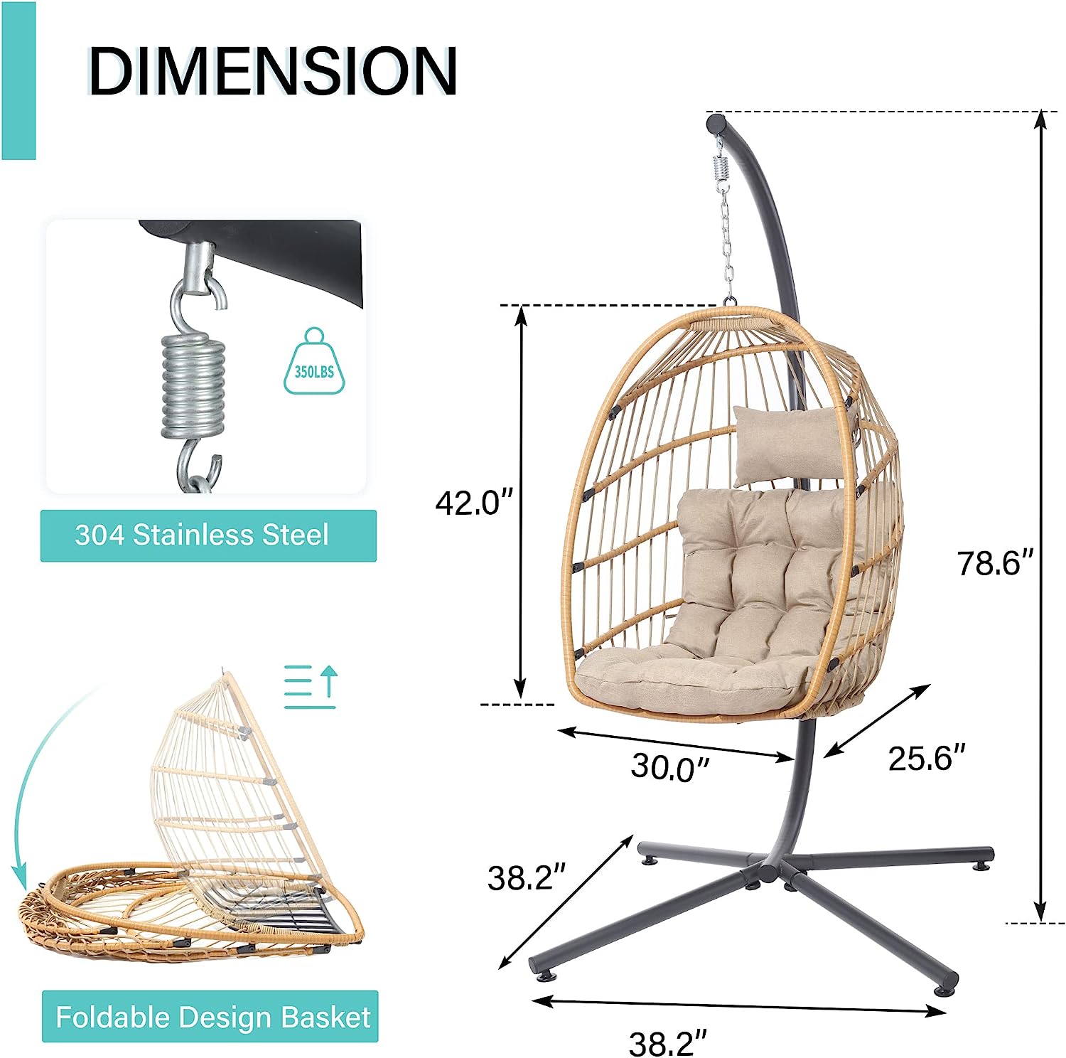 SWITTE Hanging Egg Chair with Stand, Egg Swing Hammock Chair with Stand, Indoor Outdoor Wicker Egg Chair with Cushion Headrest for Patio Bedroom Porch Garden, 350LBS Capacity(Dark Grey)