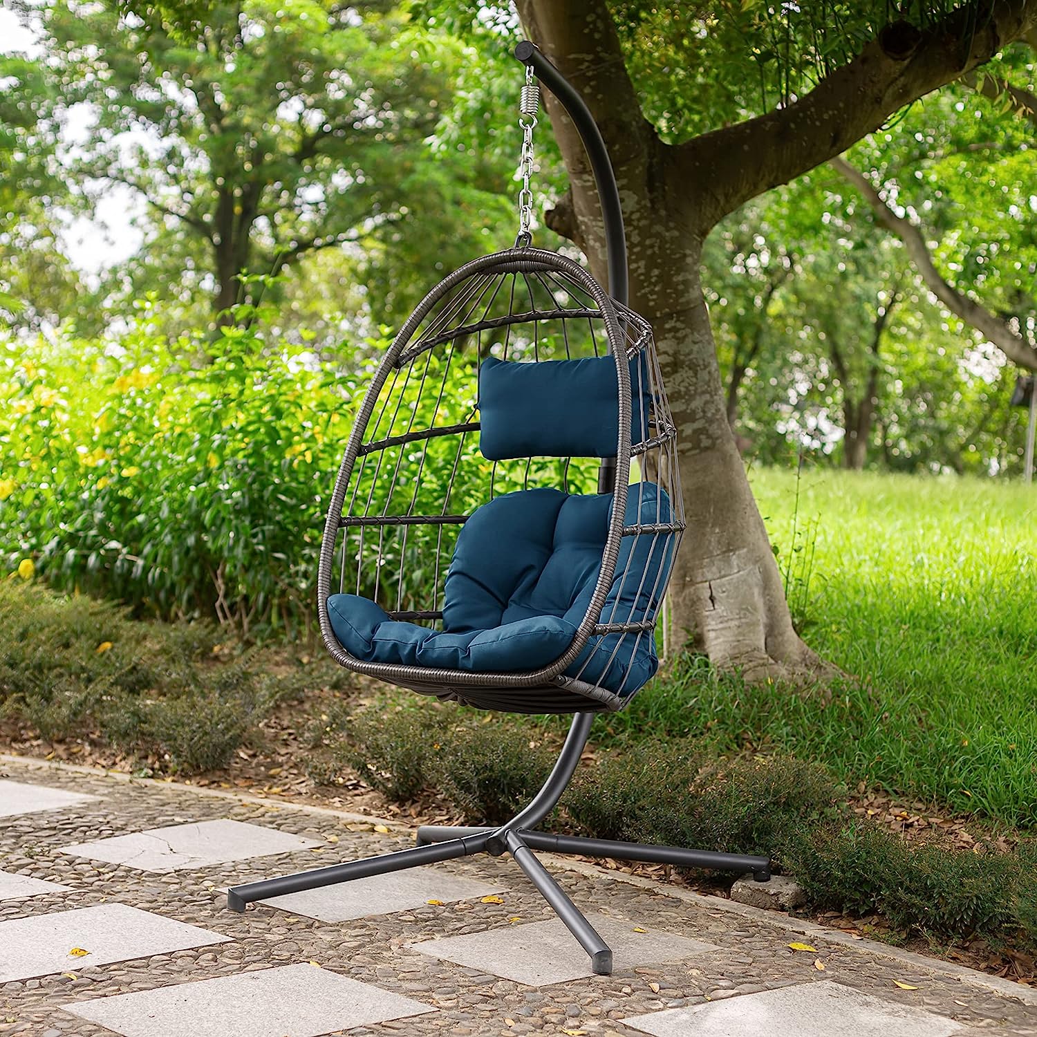 Patio Hanging Egg Chair with Stand Swing Chair,Basket Swinging Chair,Porch Chaise Lounge Chair,Rattan Wicker Hammock Chair with Deep Cushion for Indoor Outdoor Home Bedroom Backyard Balcony (Gray)