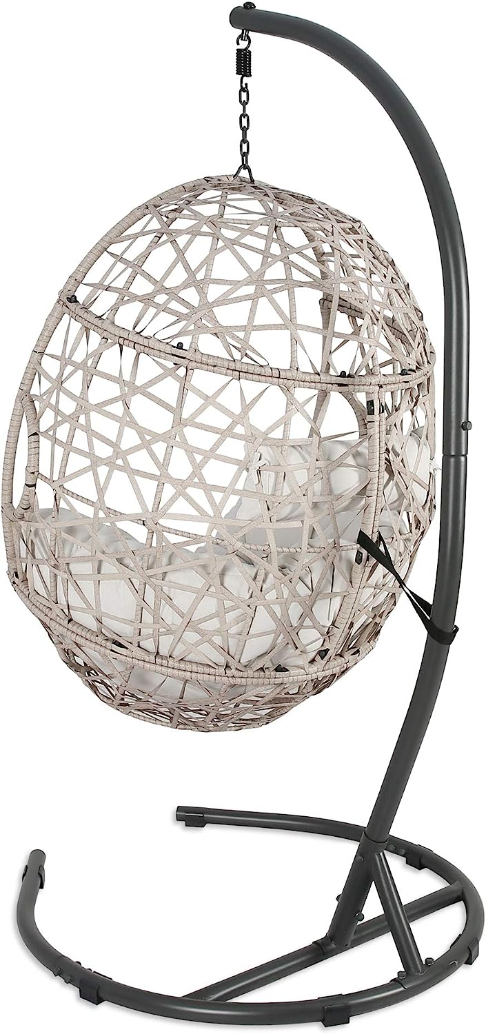Iwicker Outdoor Rattan Egg Hanging Swing Chair with Cushions and Stand (Beige)