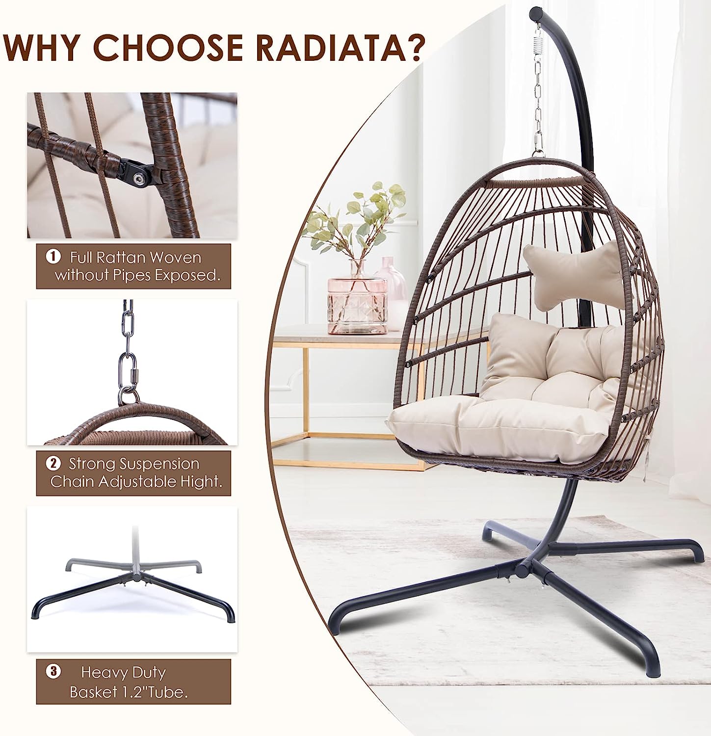 RADIATA Foldable Wicker Rattan Hanging Egg Chair with Stand, Swing Chair with Cushion and Pillow, Lounging Chair for Indoor Outdoor Bedroom Patio Garden (Beige with Stand)