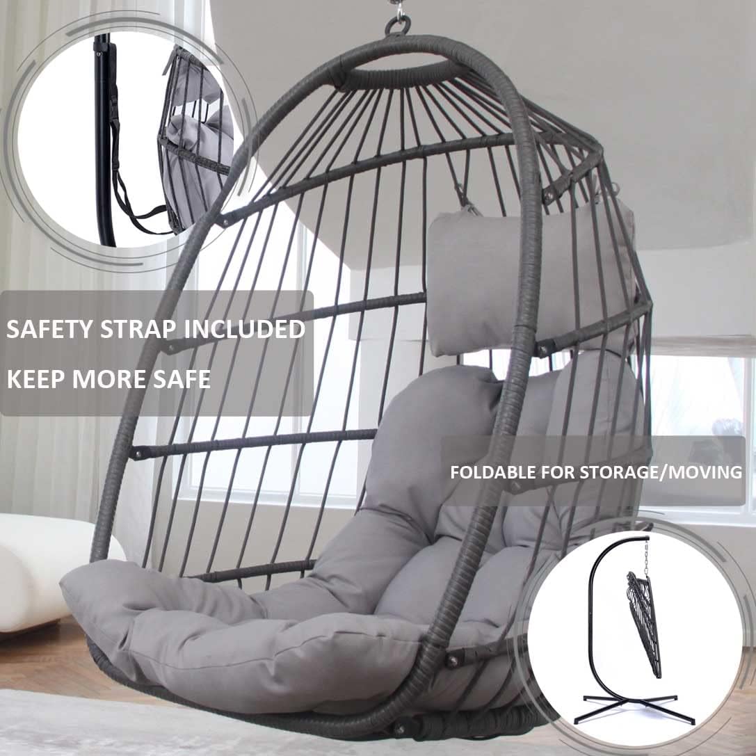 Indoor Outdoor Patio Wicker Hanging Chair Swing Egg Basket Chairs with Stand UV Resistant Cushions 350lbs Capaticy for Patio Backyard Balcony Xmas Gift